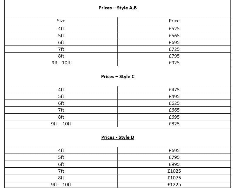 Bespoke Benches Price List