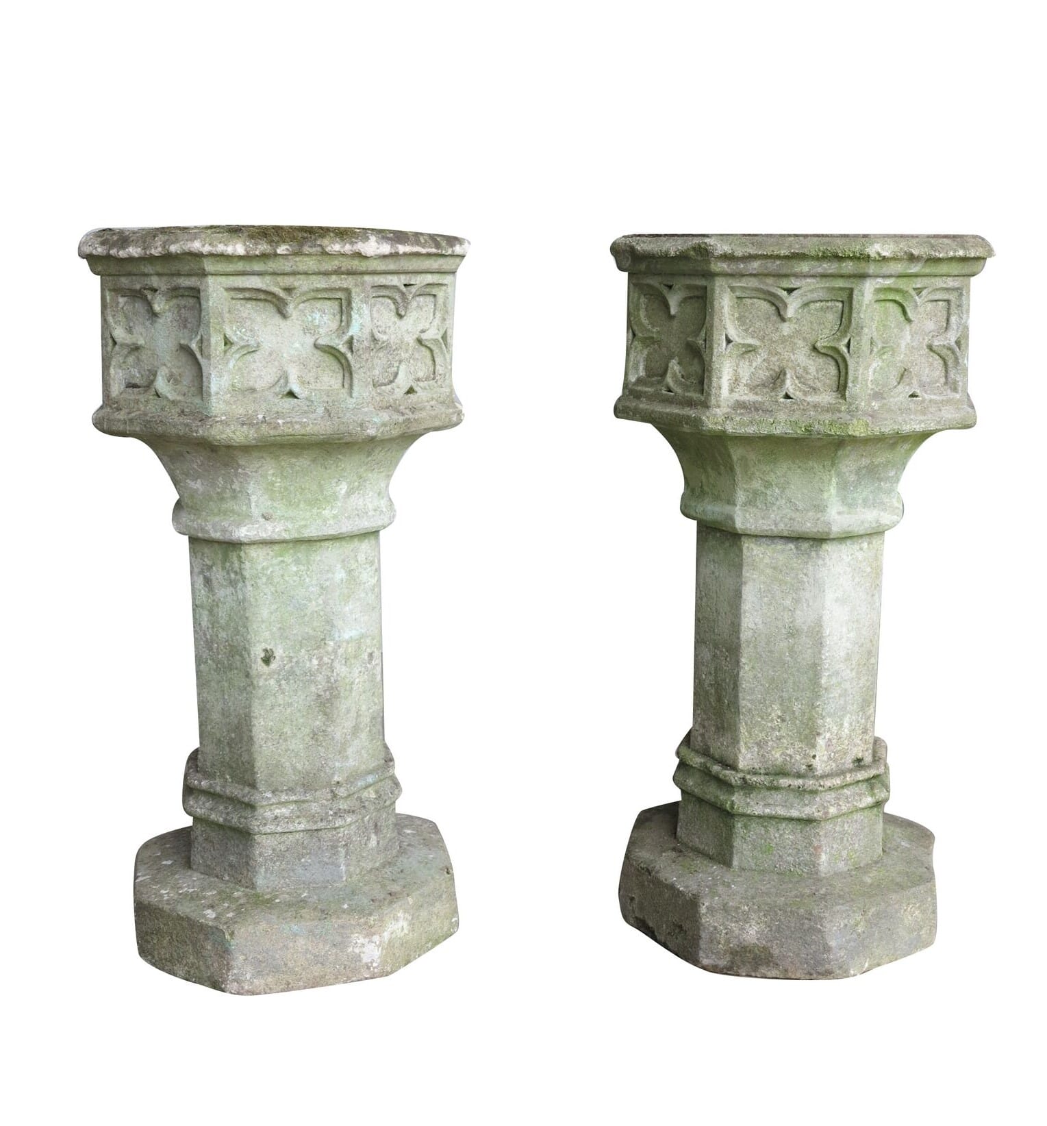 Pair of Gothic Hand Carved Stone Garden Planters - 9192