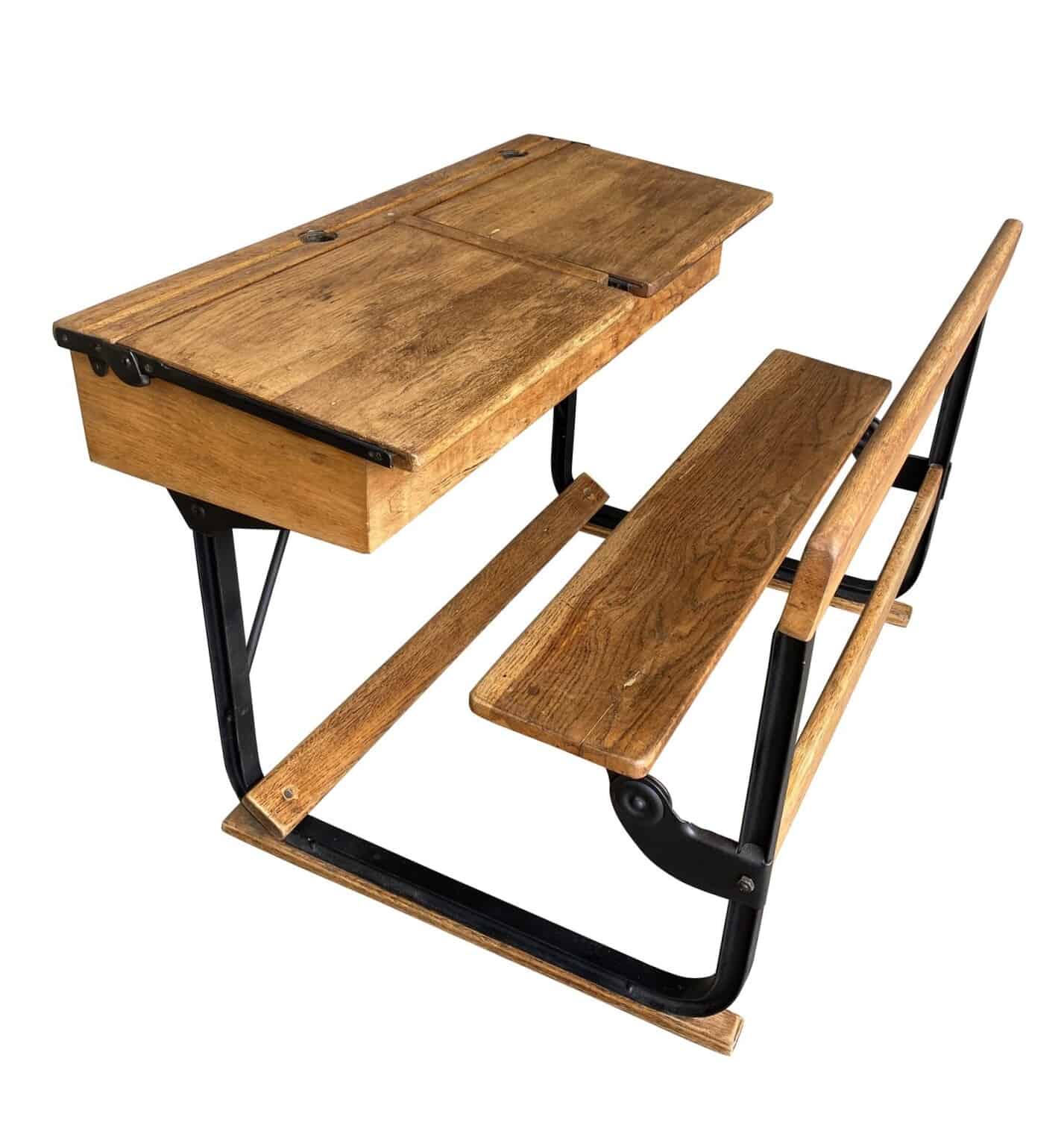 Antique Oak and Metal Twin Childrens School Desk