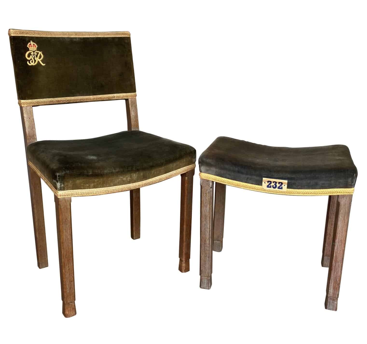 Original George VI Oak Coronation Chair & Stool 1937