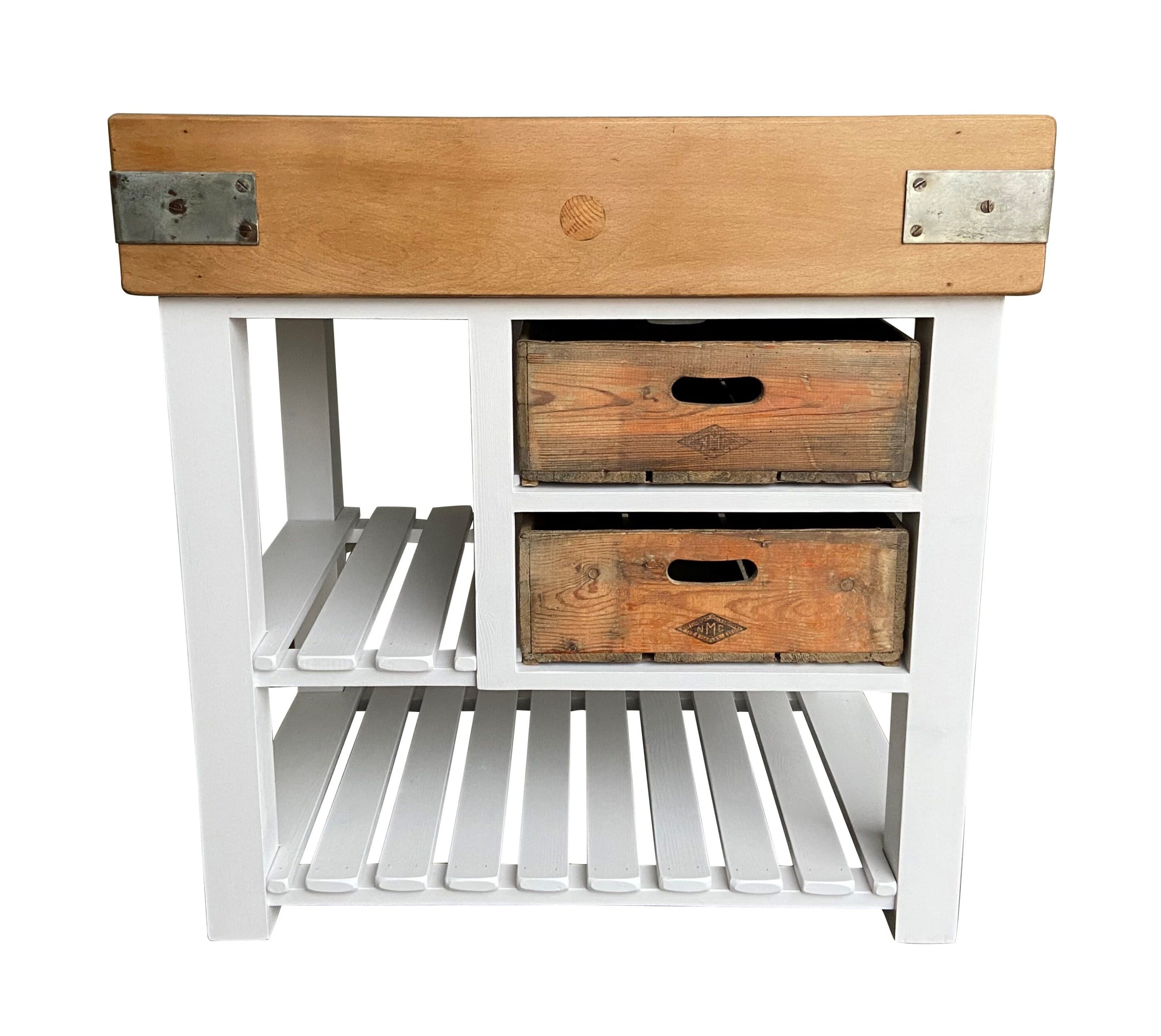 Original Butchers Chopping Block With Old Wooden Crates - D1754