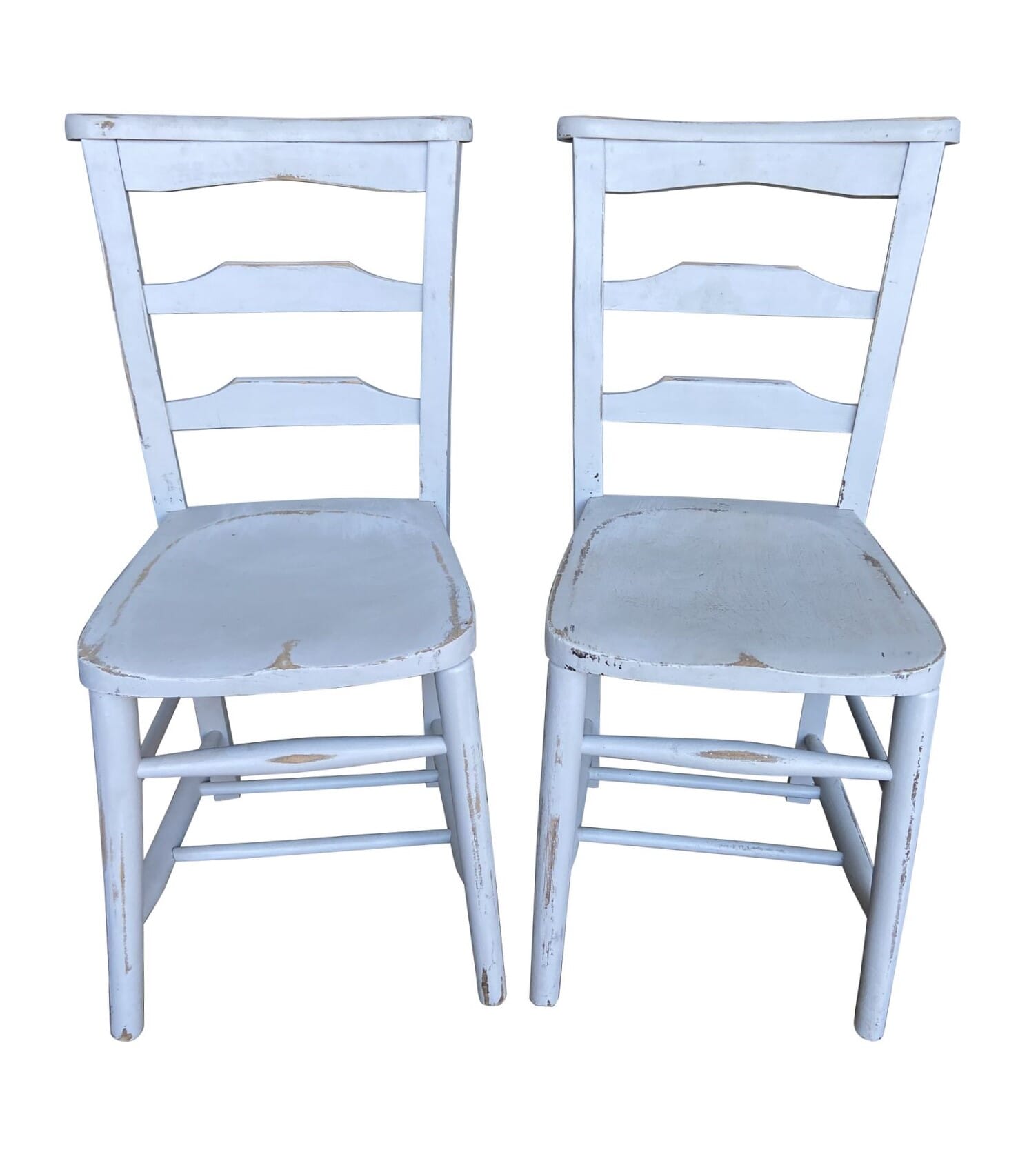 Pair of Distressed Painted Wooden Church Chairs - 8359c