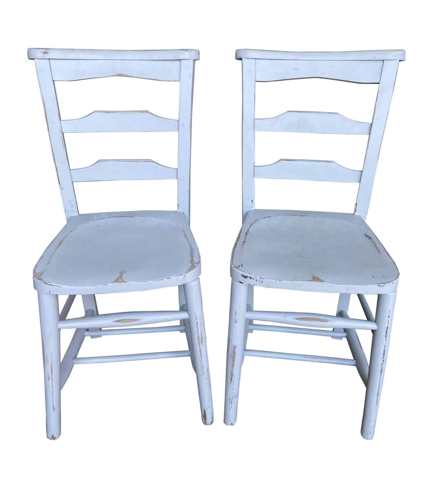 Pair of Distressed Painted Wooden Church Chairs
