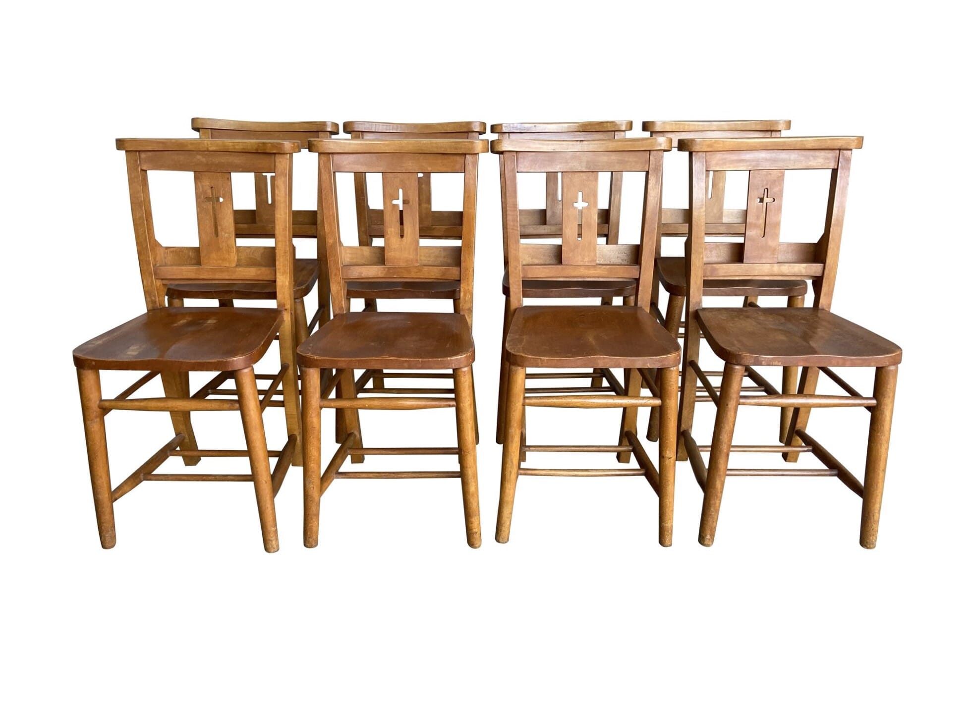 Set of 8 Antique Church Chairs With Crosses & Bible Back - D1766