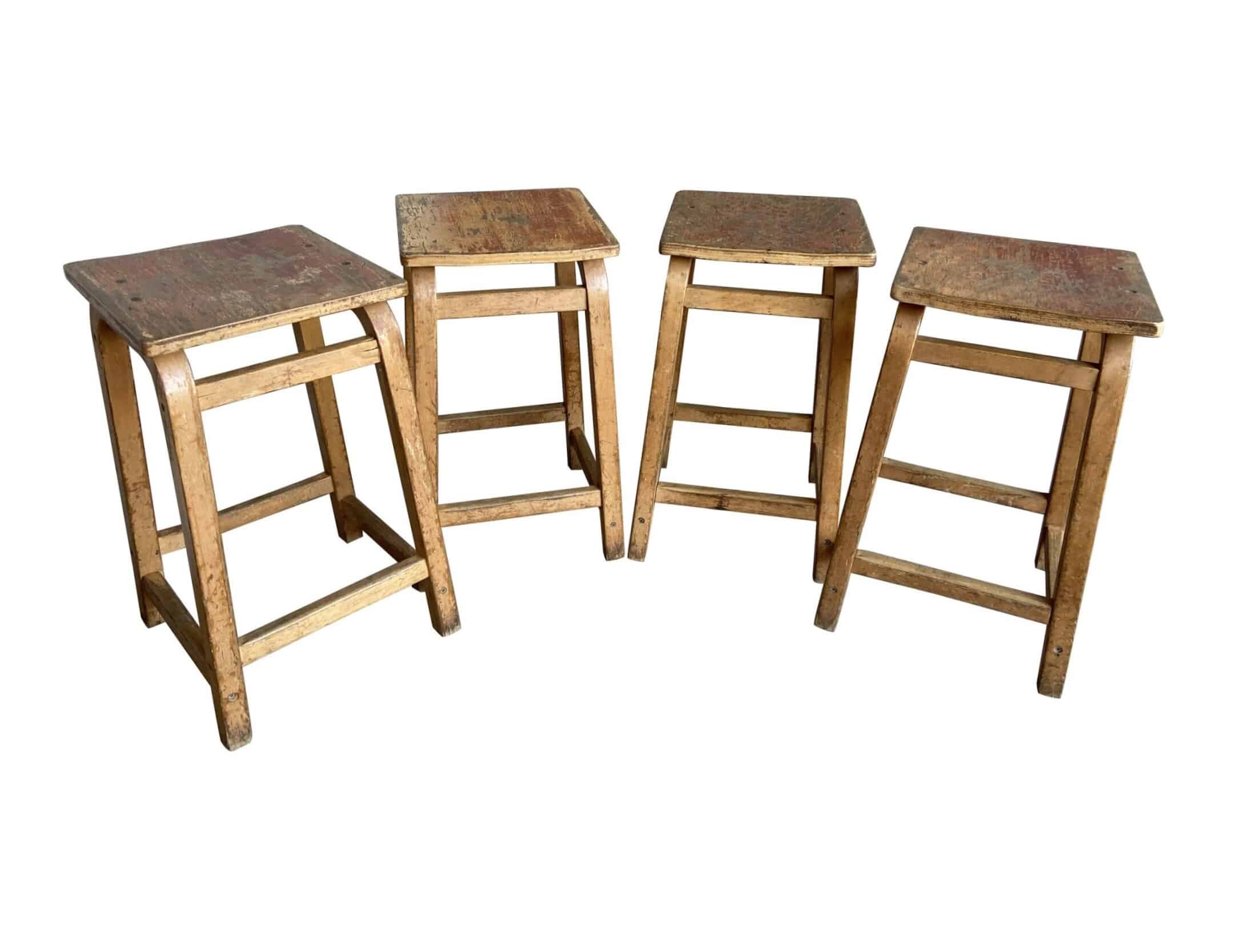 Set of 4 Old Wooden Waxed Stools