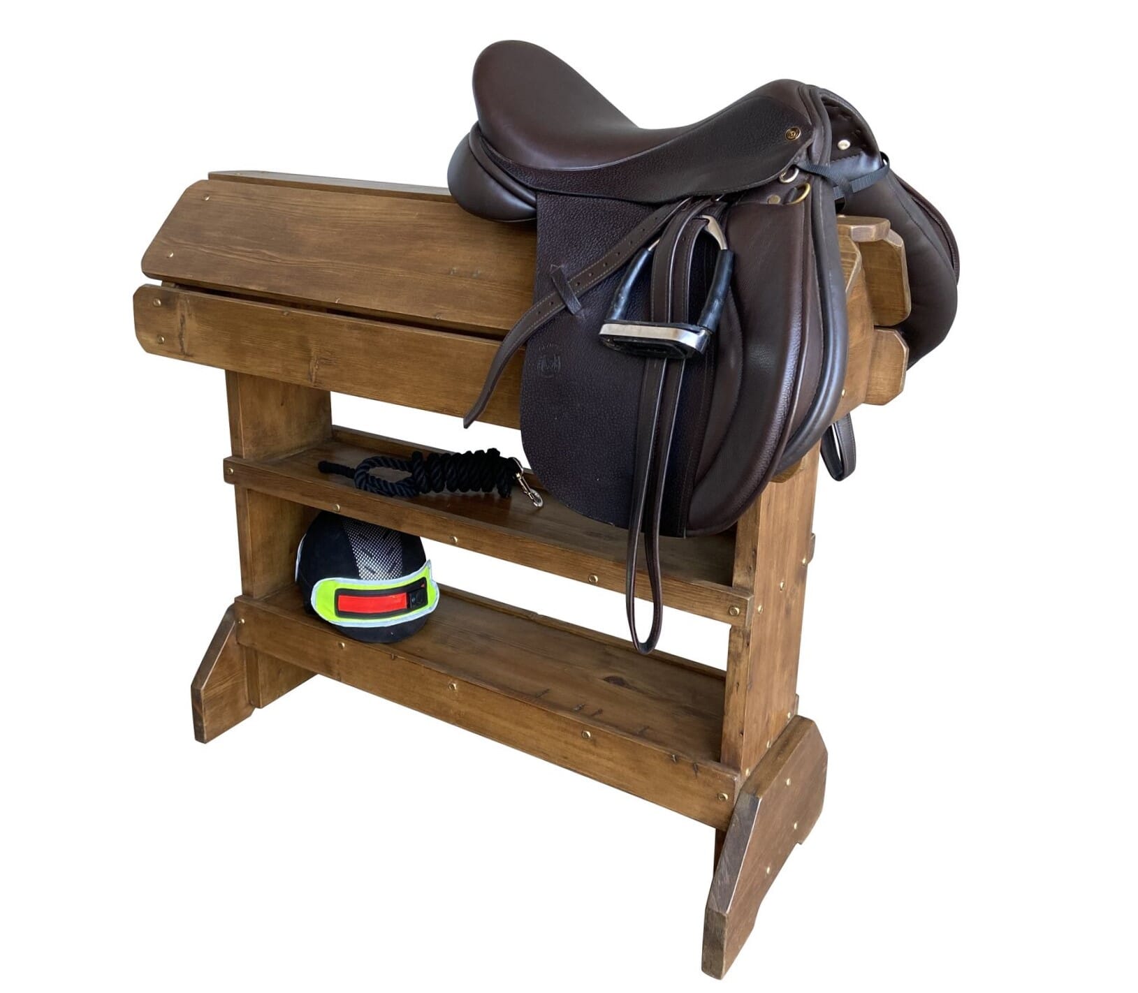 Reclaimed Pine Waxed Twin Saddle Rack with Shelves - D1768