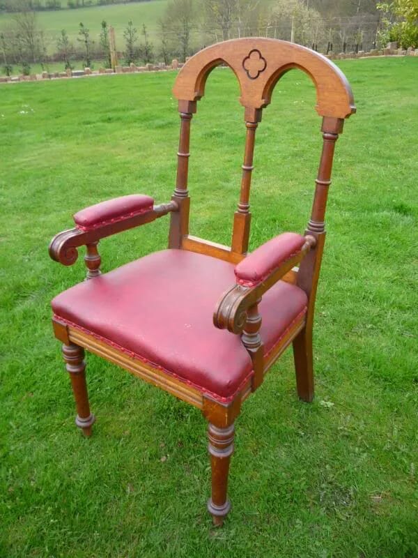 Original Victorian Antique Gothic Solid Oak Arm Chair - 3957