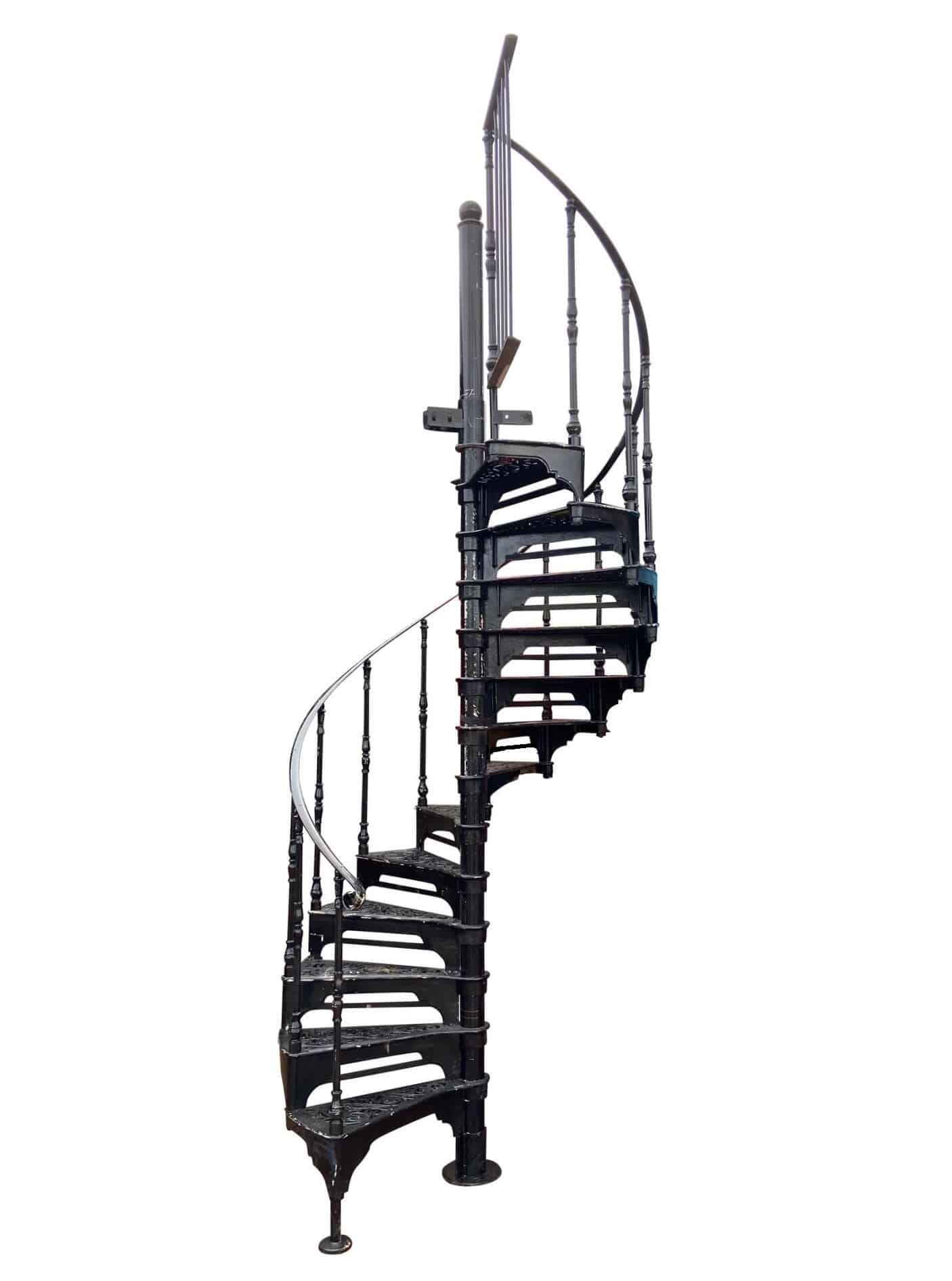 Large Black Cast Iron Spiral Staircase With Landing Balcony