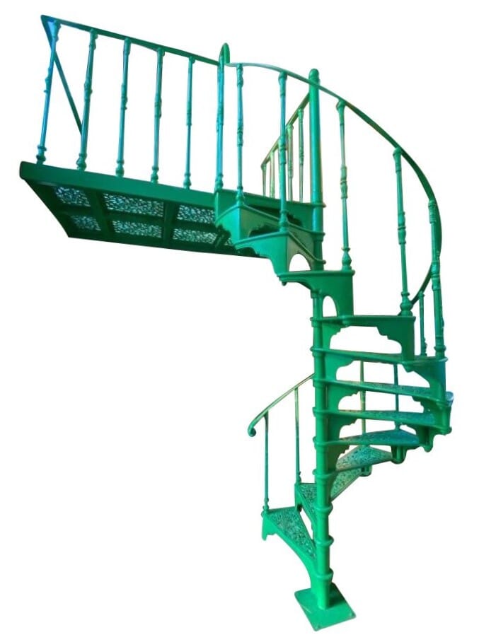 Green Cast Iron Spiral Staircase With Large Landing - 9339