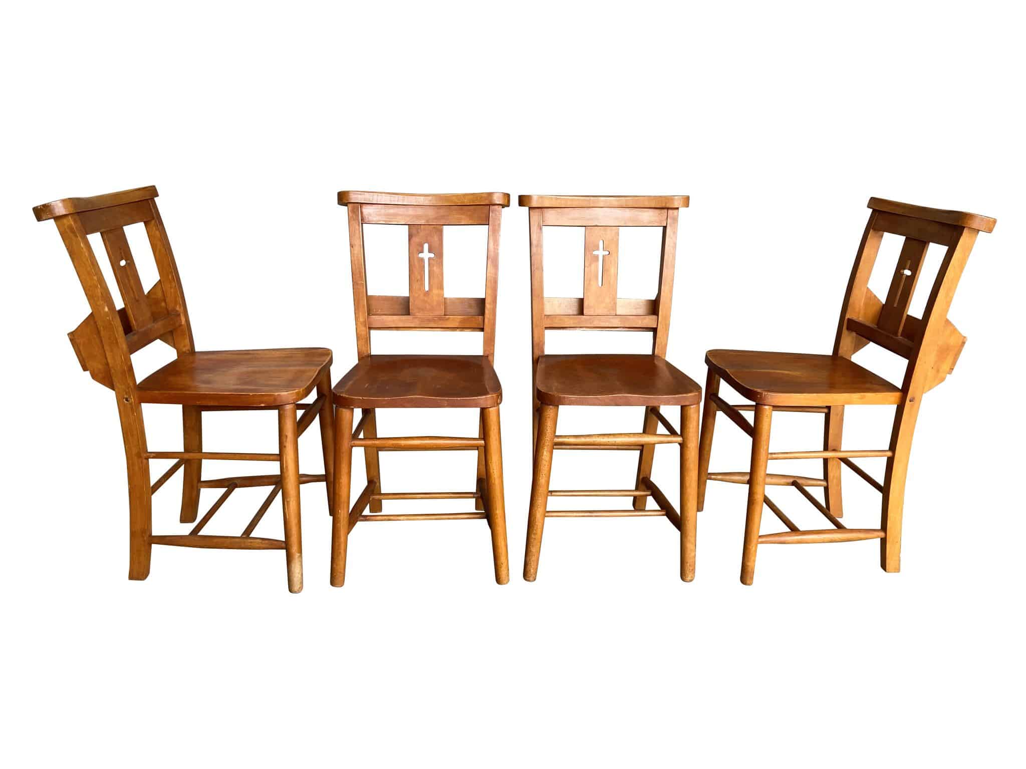 Set of 4 Antique Church Chairs With Crosses & Bible Back