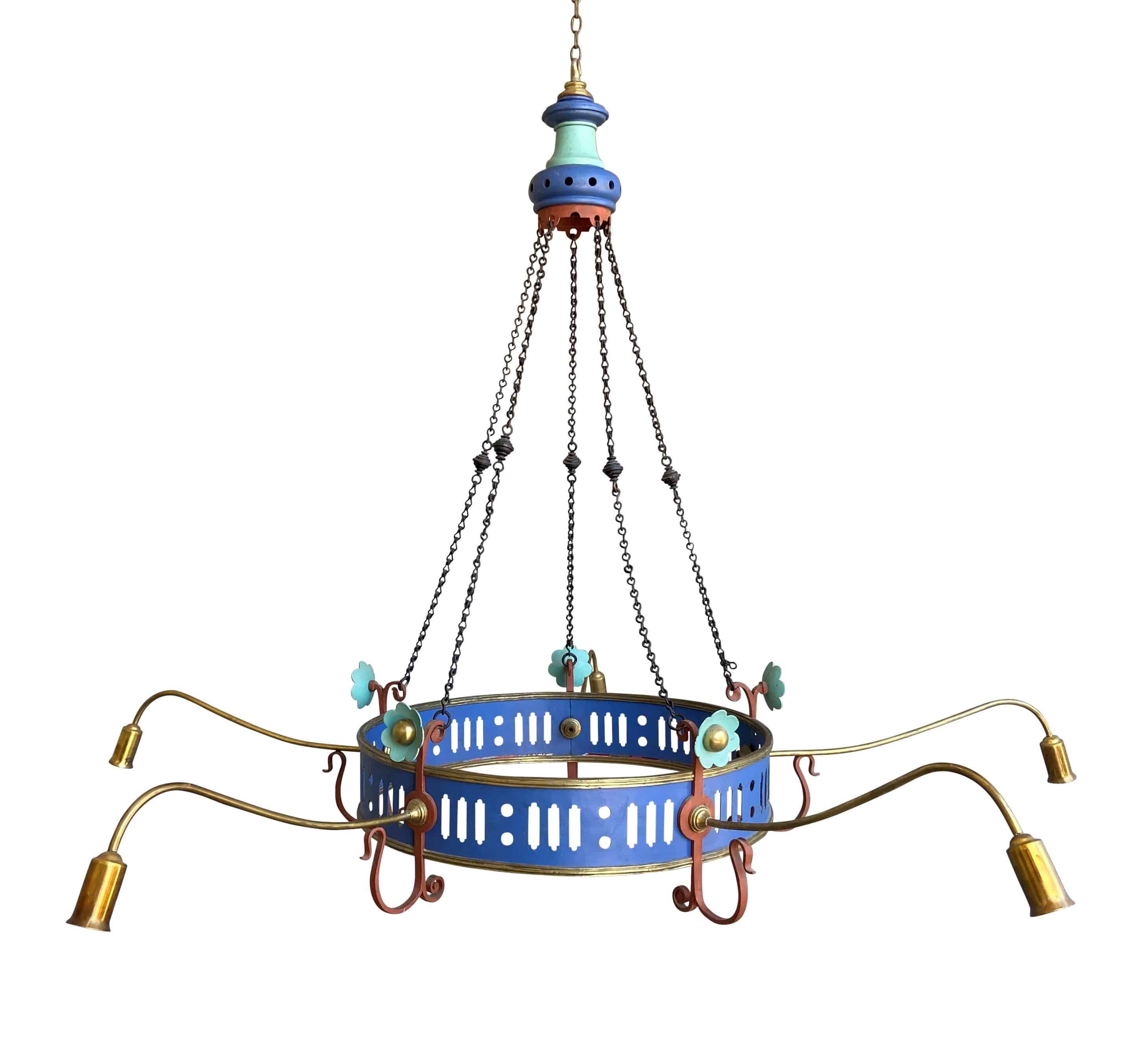 Antique Victorian Polychrome Brass and Iron Chandeliers