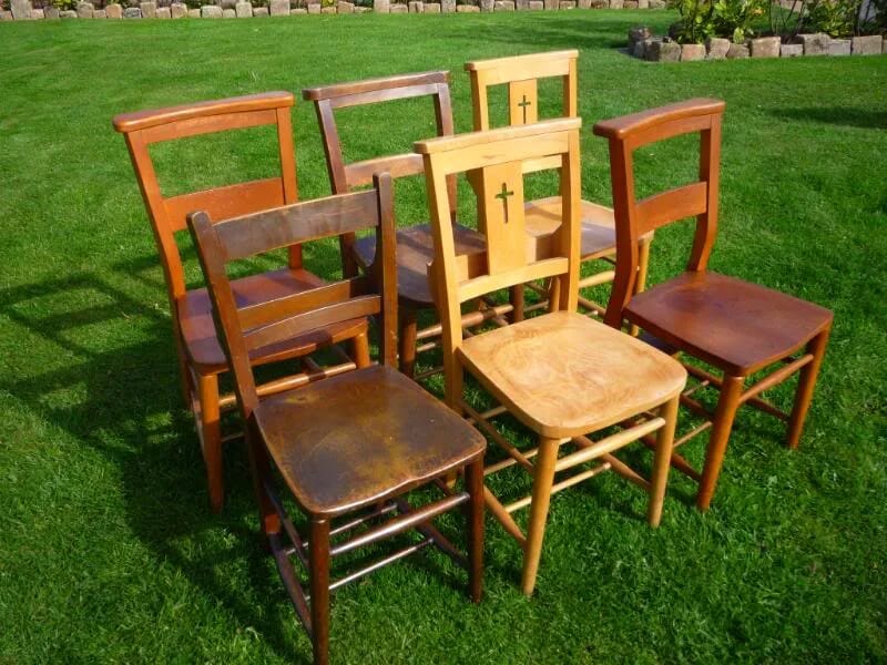 Set of 6 Antique Used Chapel and Church Chairs - 8002a