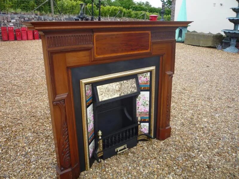 Antique Mahogany Fire Surround and Cast Iron Tiled Insert - 4025
