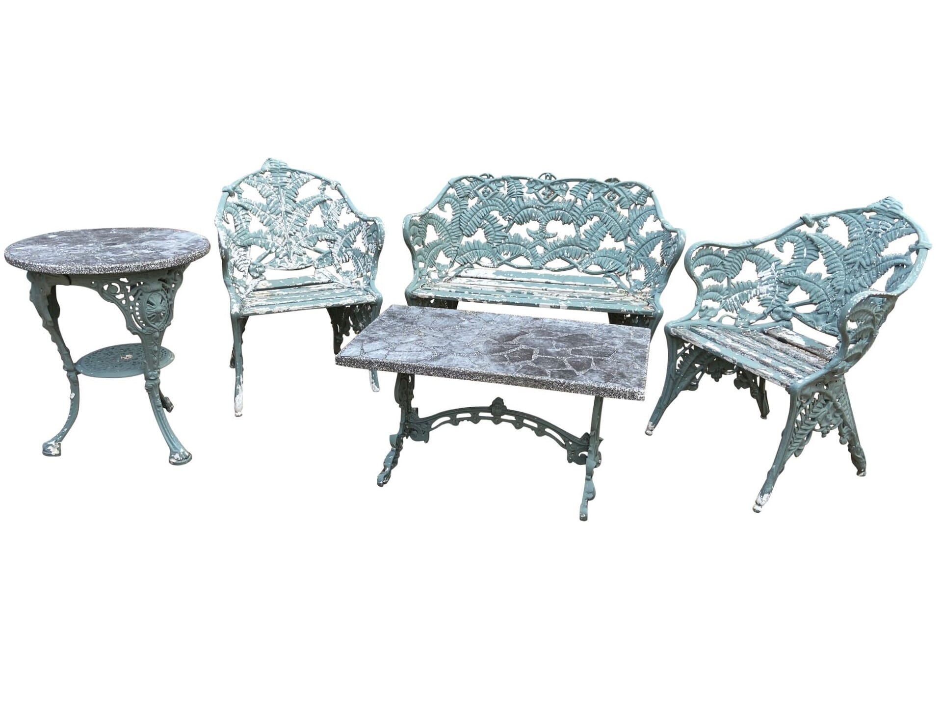 Reclaimed Cast Metal Garden Chairs and Stone Tables - 9444