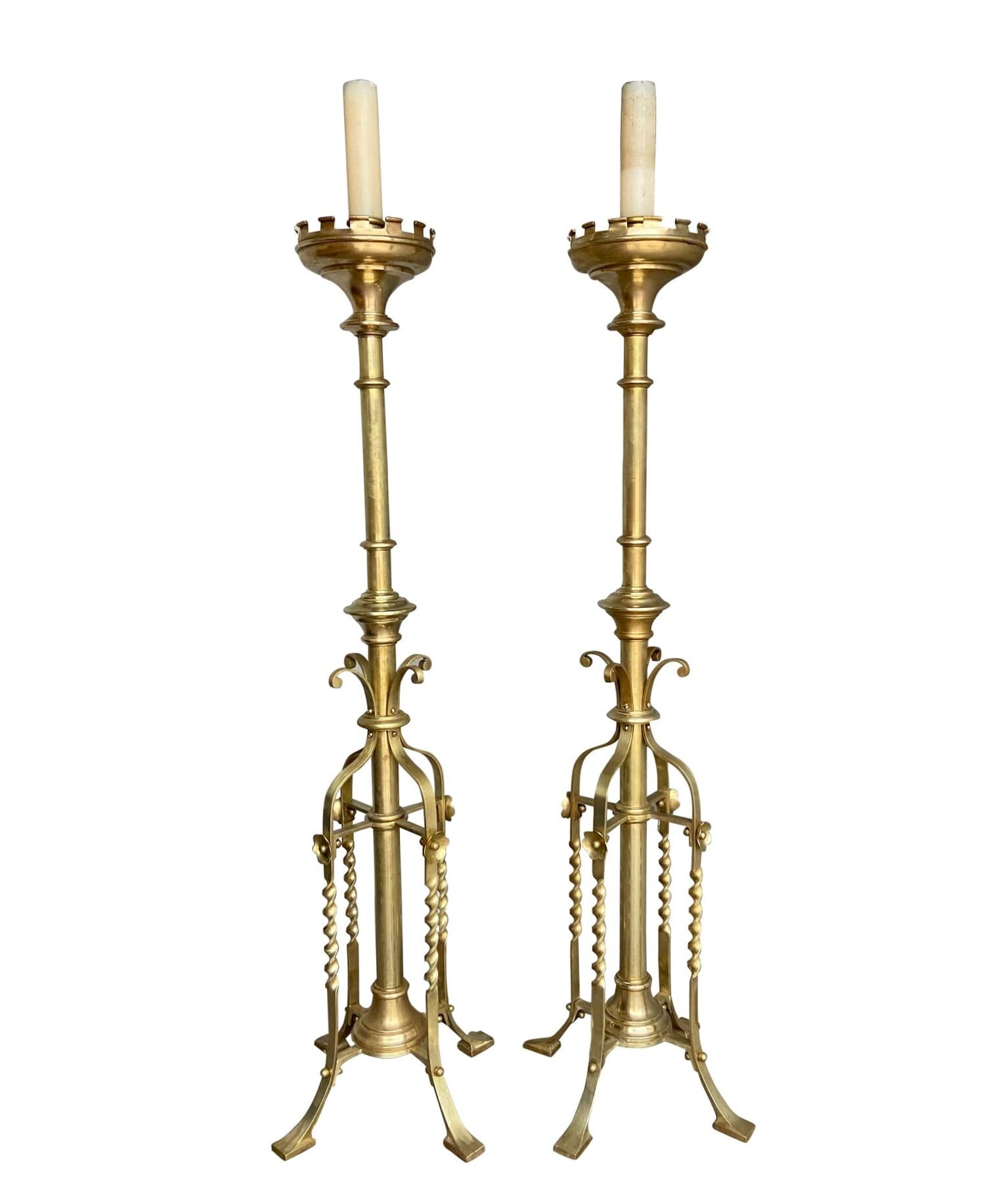 Rare Pair of Large Victorian Solid Brass Gothic Candlesticks - 9522