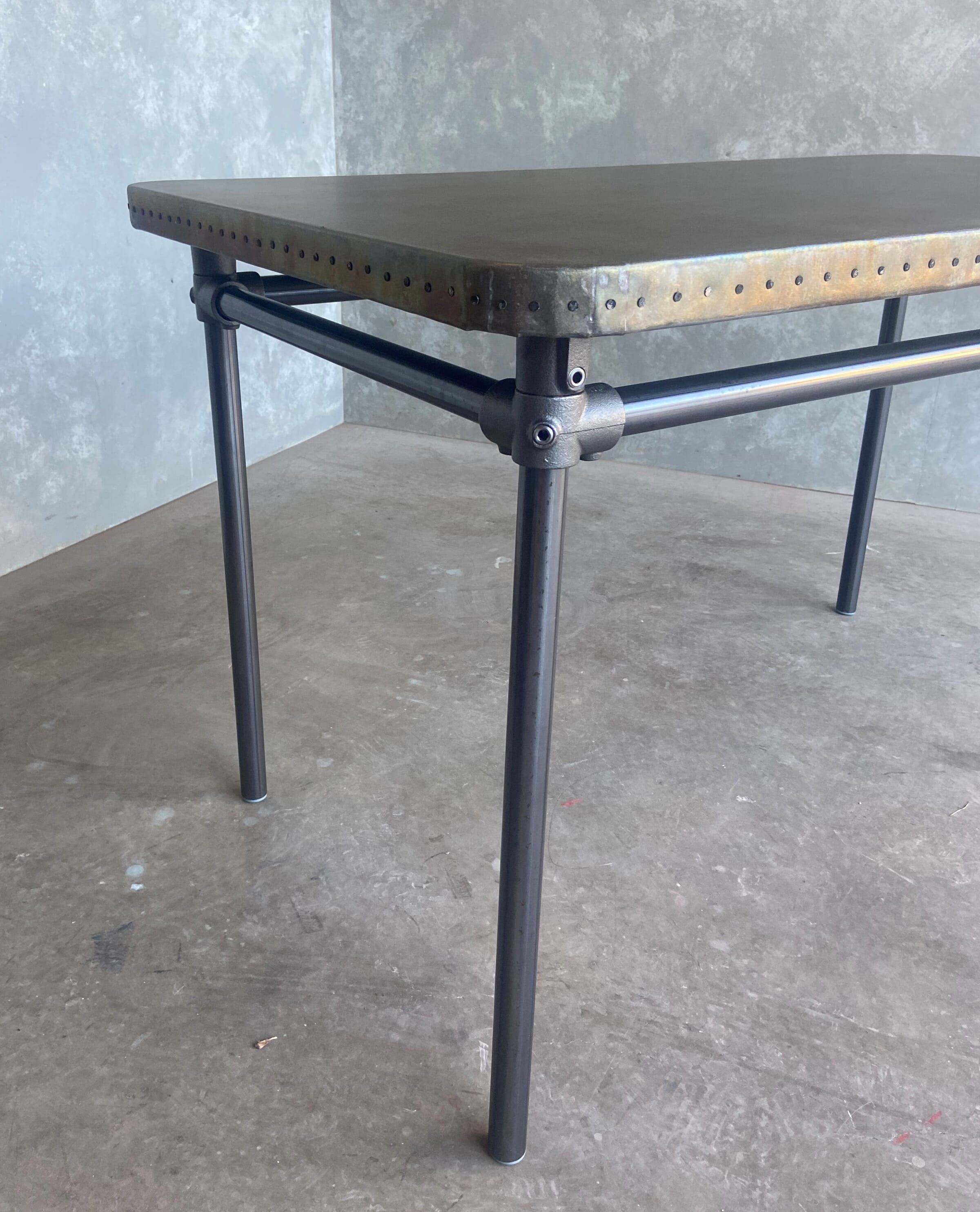 Bespoke Aged Zinc Top Kitchen Table With Dark Metal Base