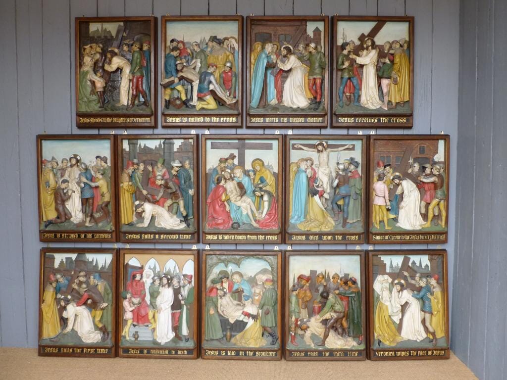 Set of 14 Victorian Hand Carved Oak Stations of the Cross - 6772
