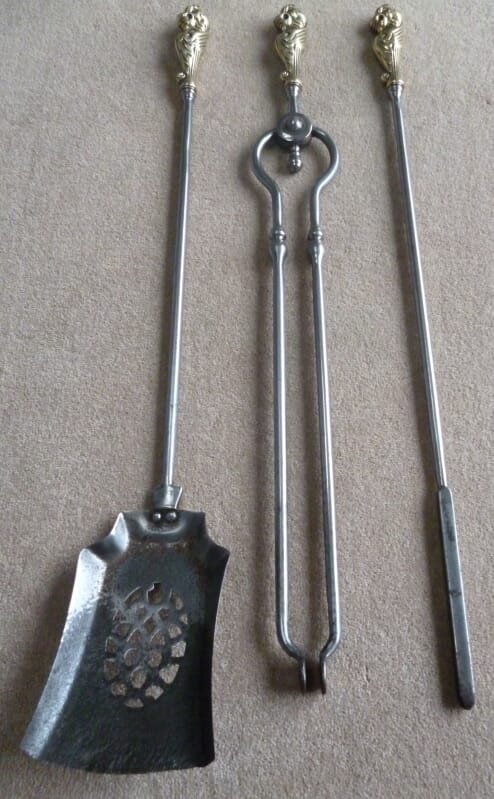 Set of Antique Steel Fireplace Irons with Brass Handles - 6695