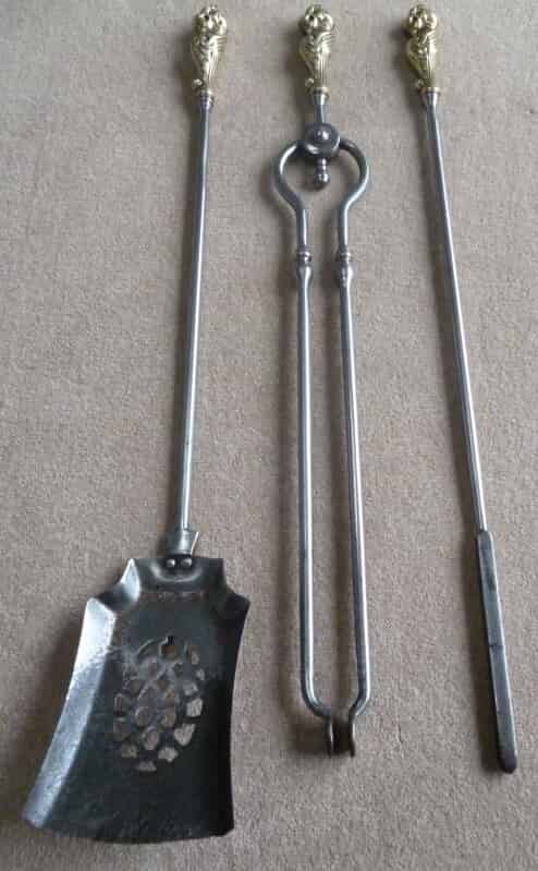 Set of Steel Fireplace Irons with Brass Handles