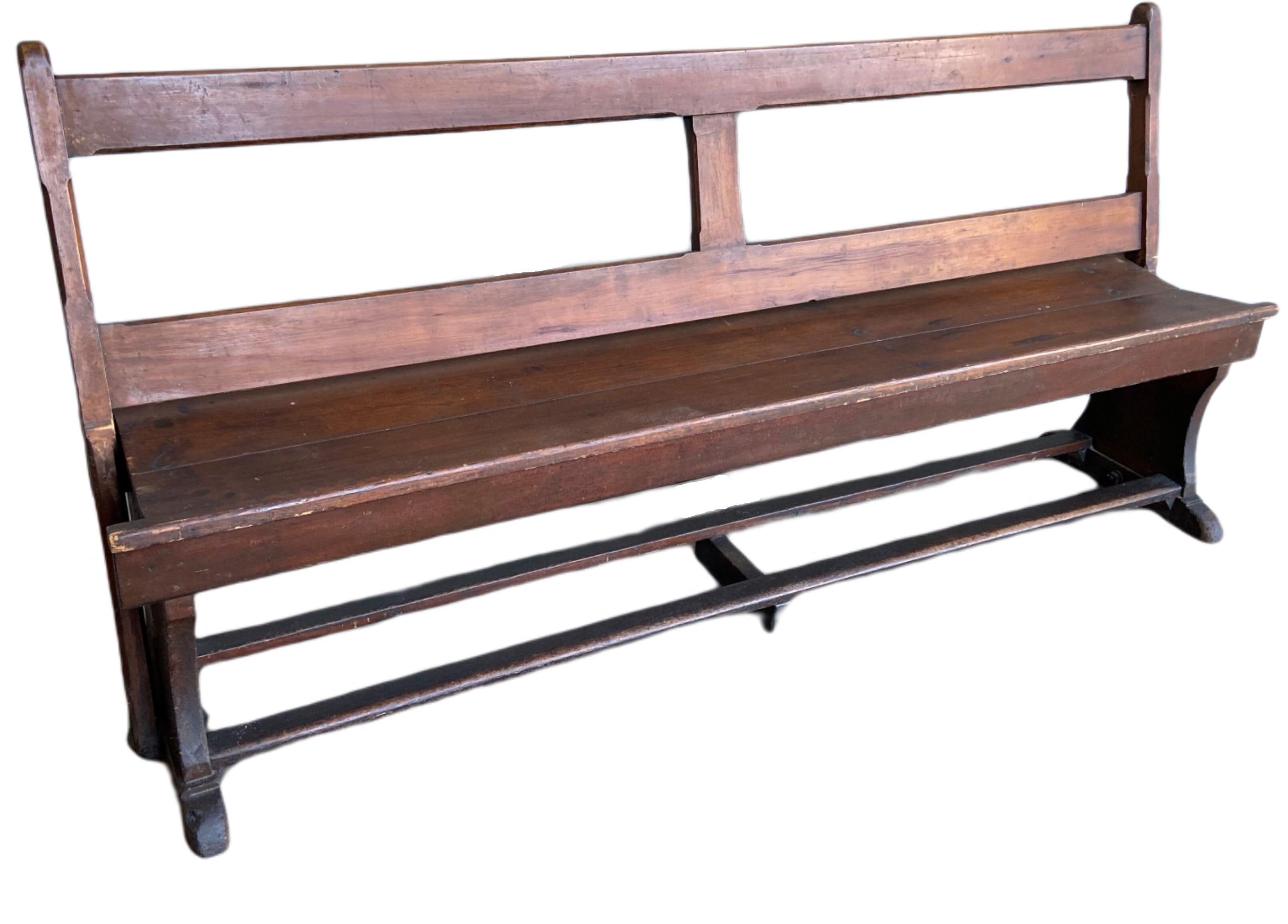 Antique Pitch Pine Old Chapel or Church Bench - 9565J