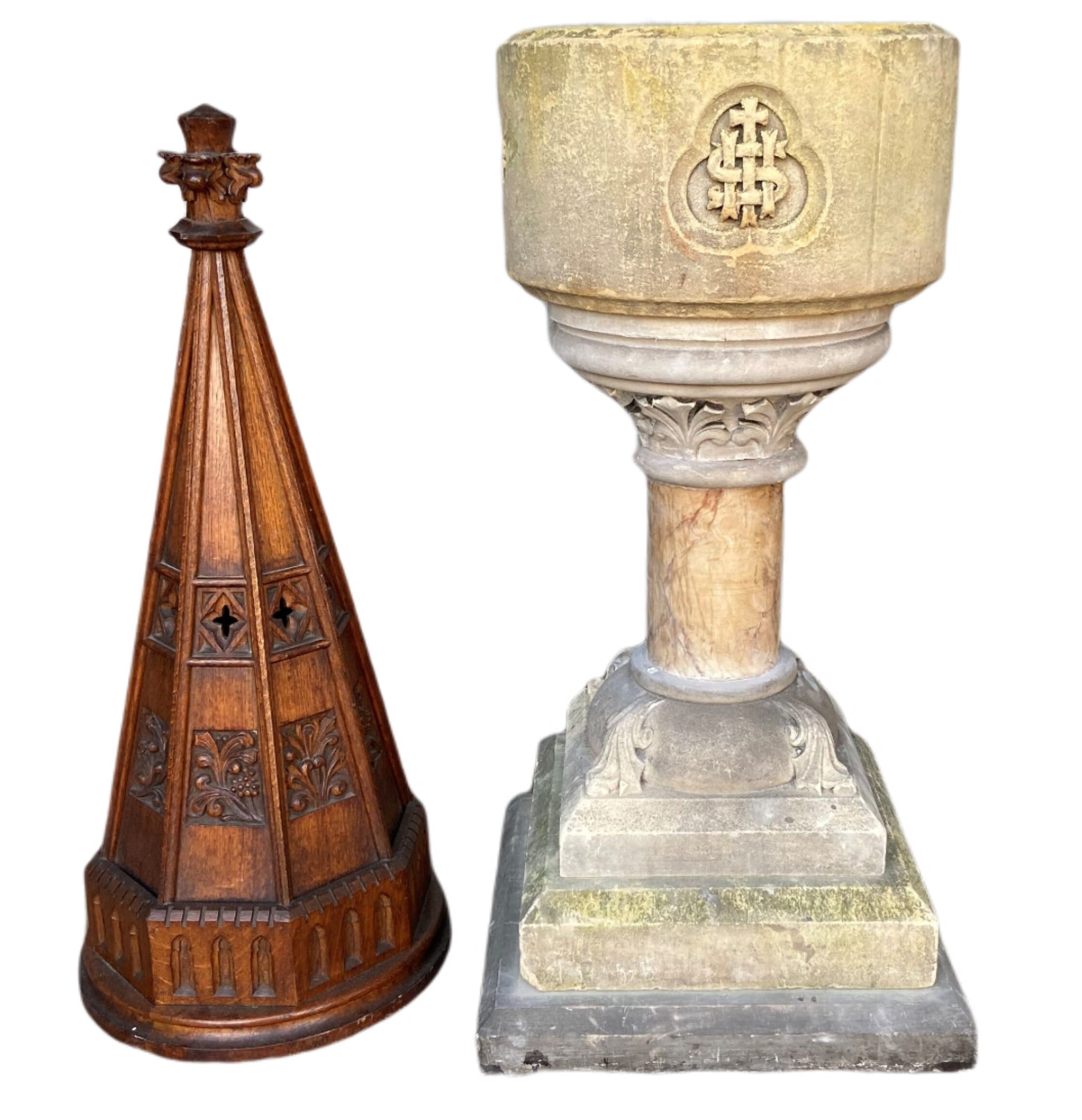 Original Gothic Revival Marble and Stone Church Font - 9584