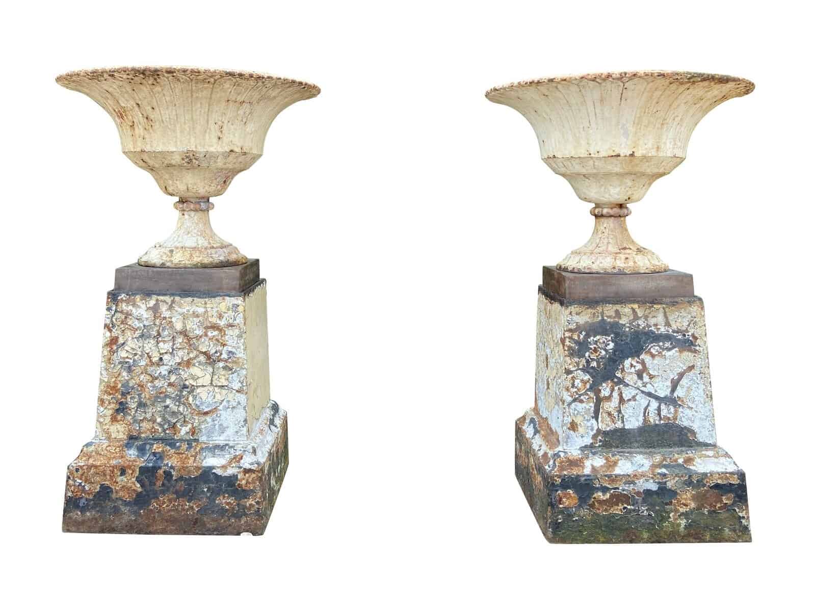 Pair of Antique Coalbrookdale Cast Iron Planters on Plinths