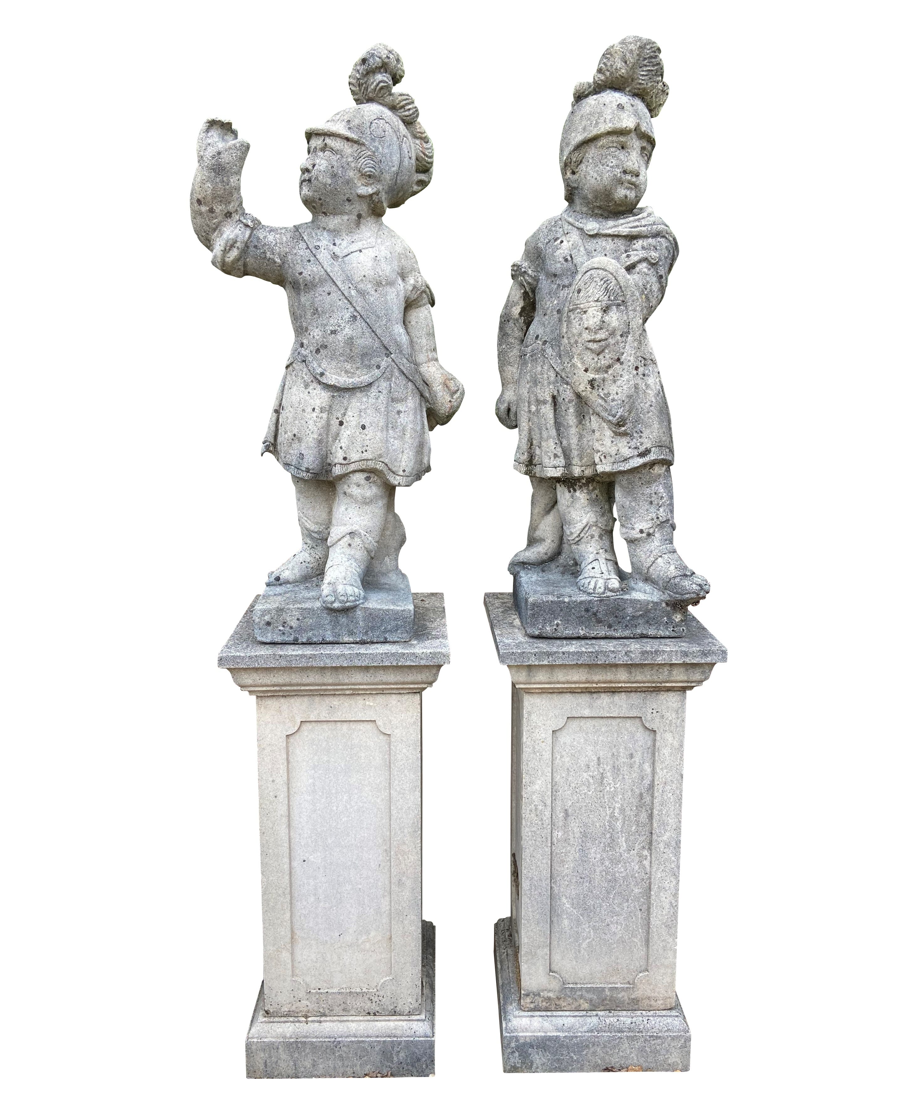 Pair Of Vintage Chilstone Garden Roman Boy Warriors On Plinths - 8701a