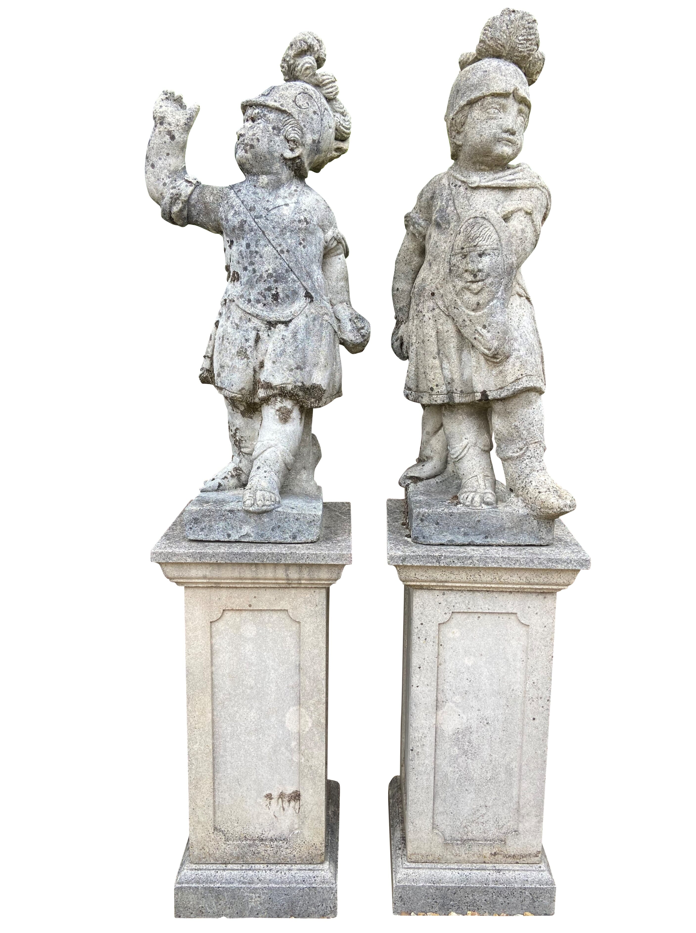 Pair Of Vintage Chilstone Statues Of Roman Boy Warriors On Plinths - 8700a