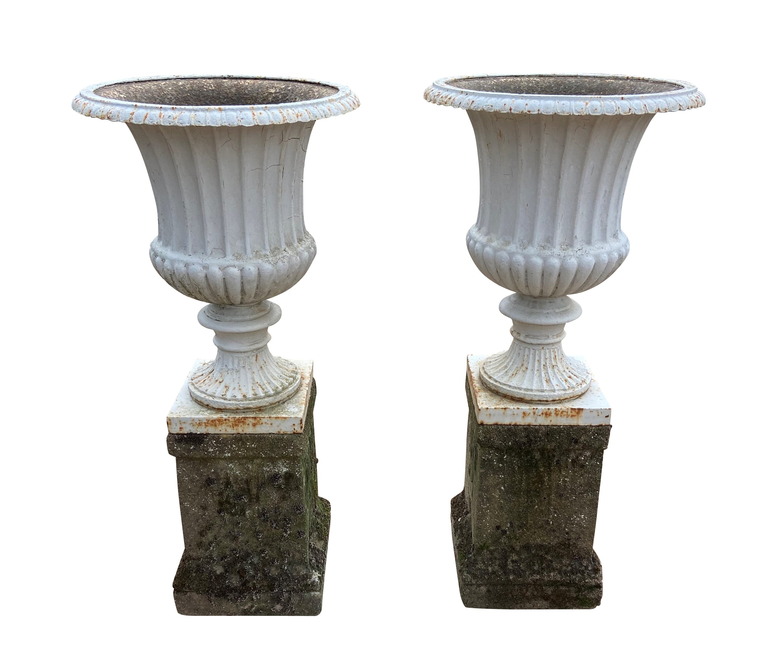 Pair of Cast Iron Urns On Reconstituted Stone Plinths - 7684a