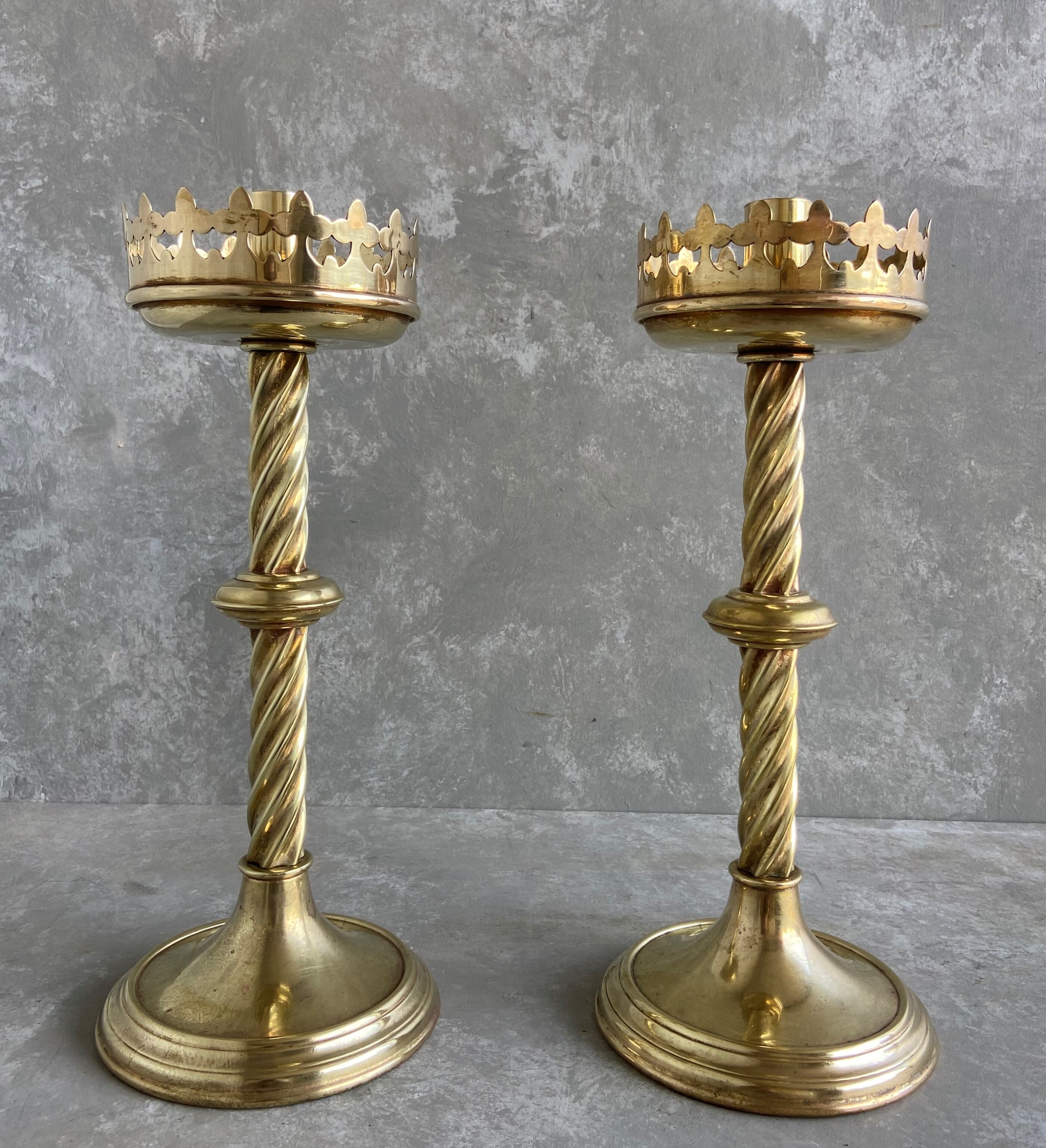 Pair of Rare Reclaimed Solid Brass Gothic Candlesticks