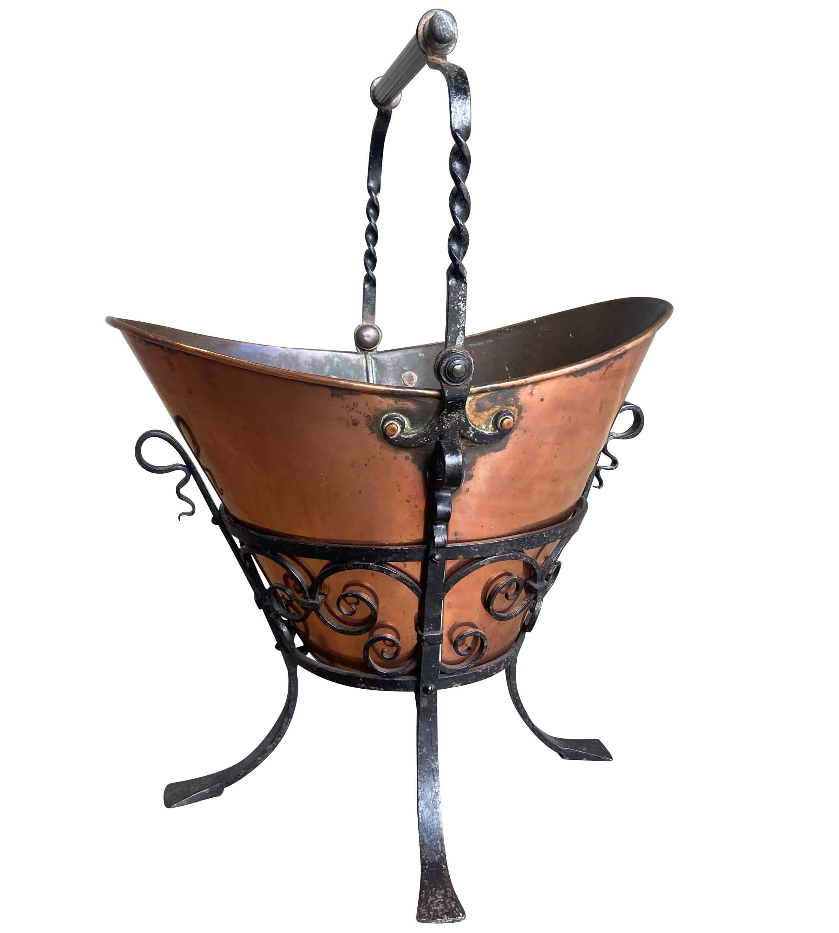 Original Antique Copper & Iron Coal Bucket On Stand