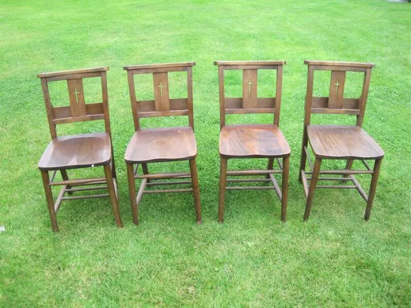 Set of 4 Antique Used Church Chairs With Cross in Rear - 3315