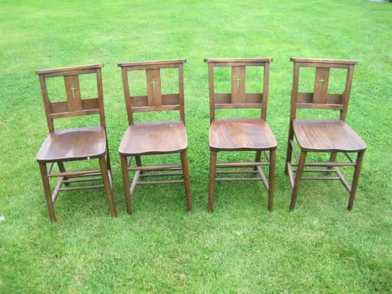 Set of 4 Antique Used Church Chairs With Cross in Rear