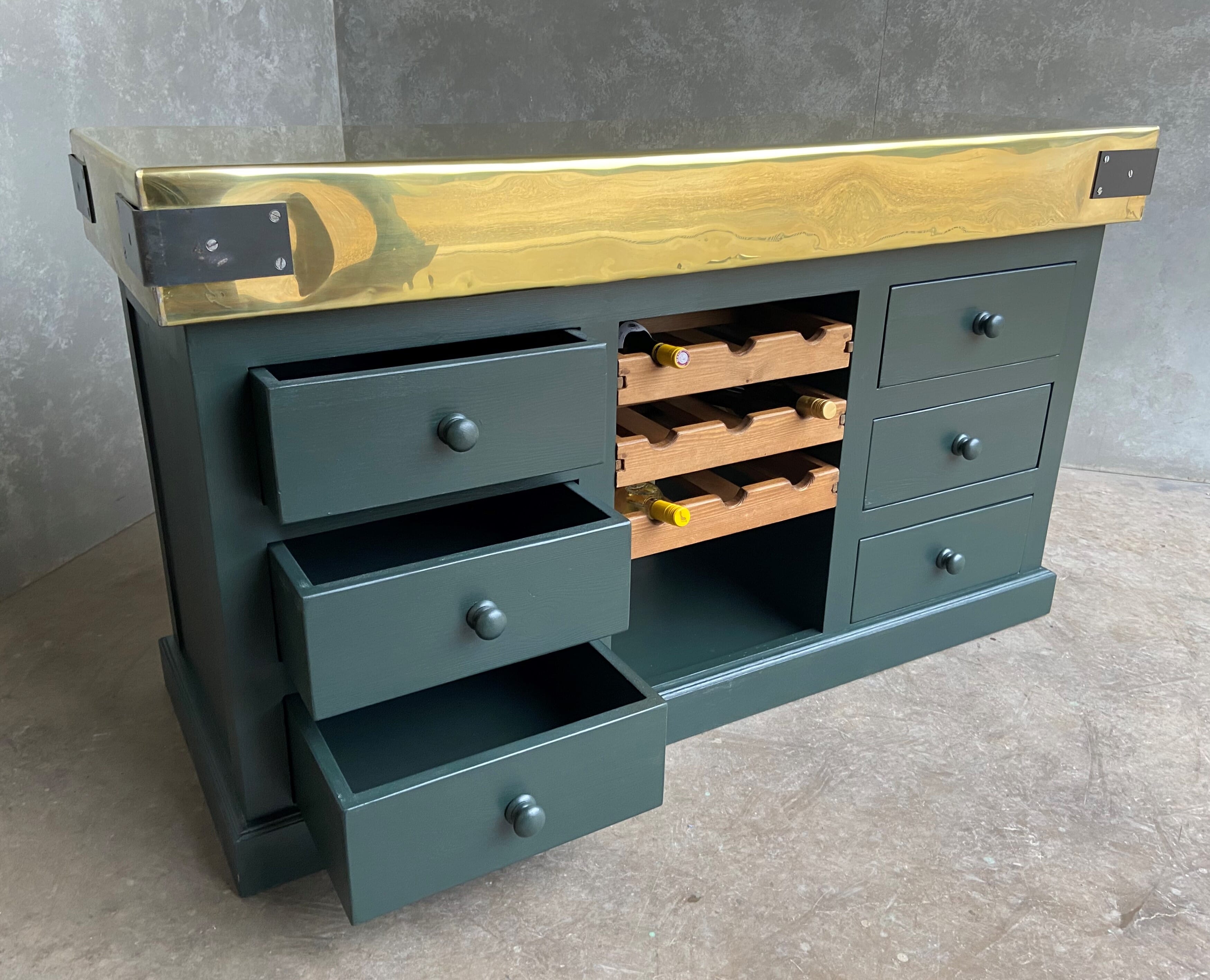 Natural Brass Butchers Block With Drawers & Wine Racks - 9681