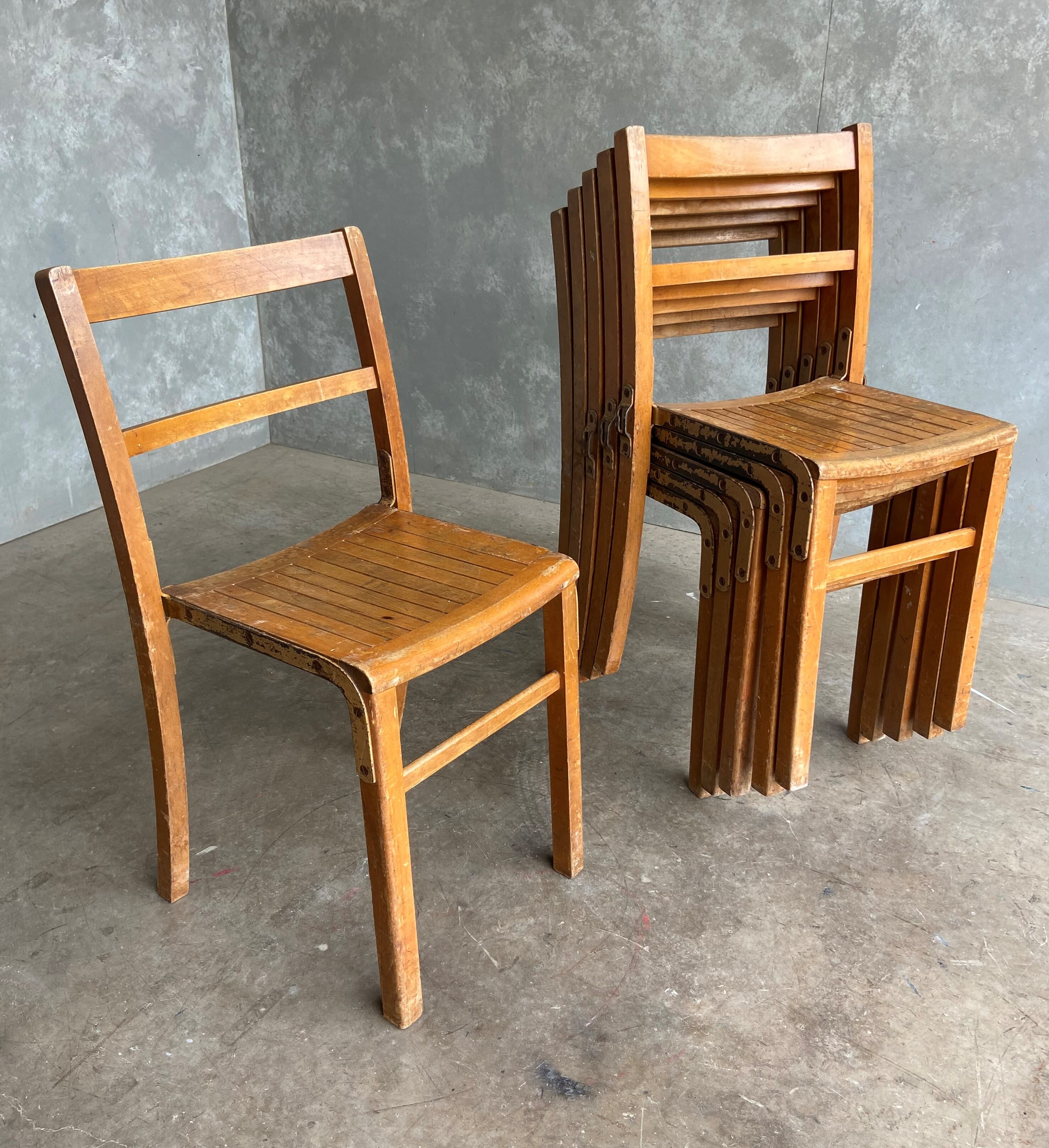 Reclaimed Wooden & Iron Vintage Stacking Chairs - 9713a