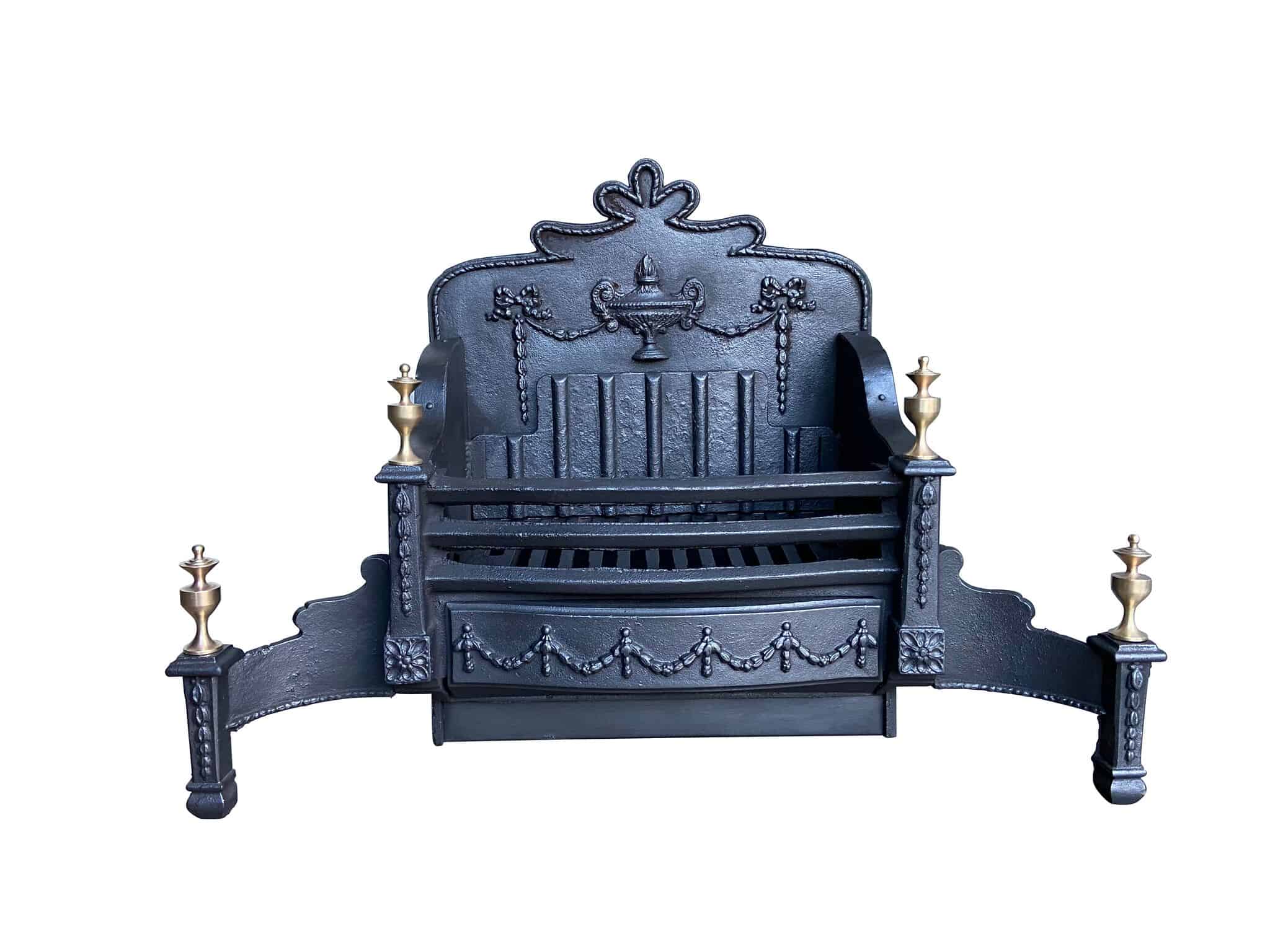 Antique Arts & Crafts Hob Grate With Brass Finials