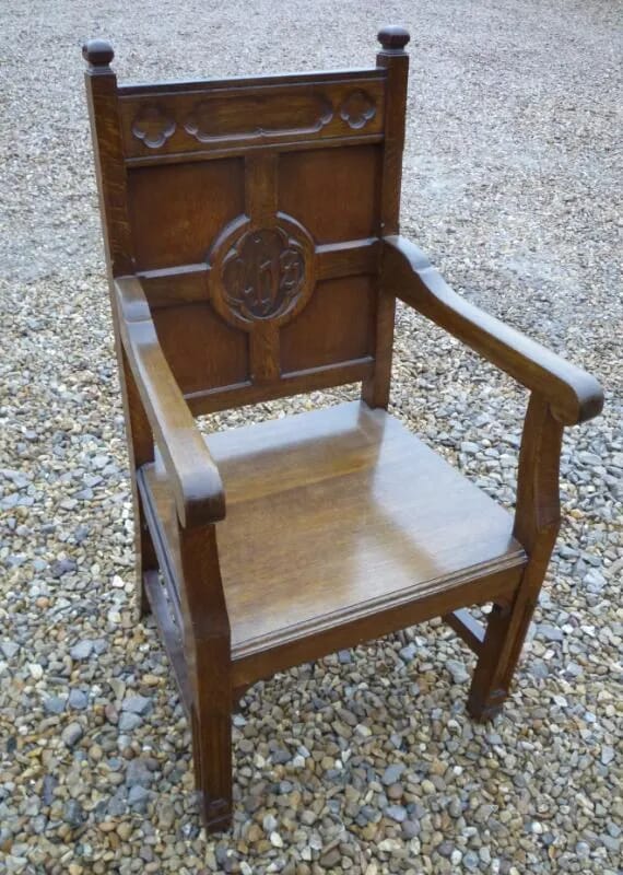 Antique Gothic Solid Oak Arm Chair - 4398