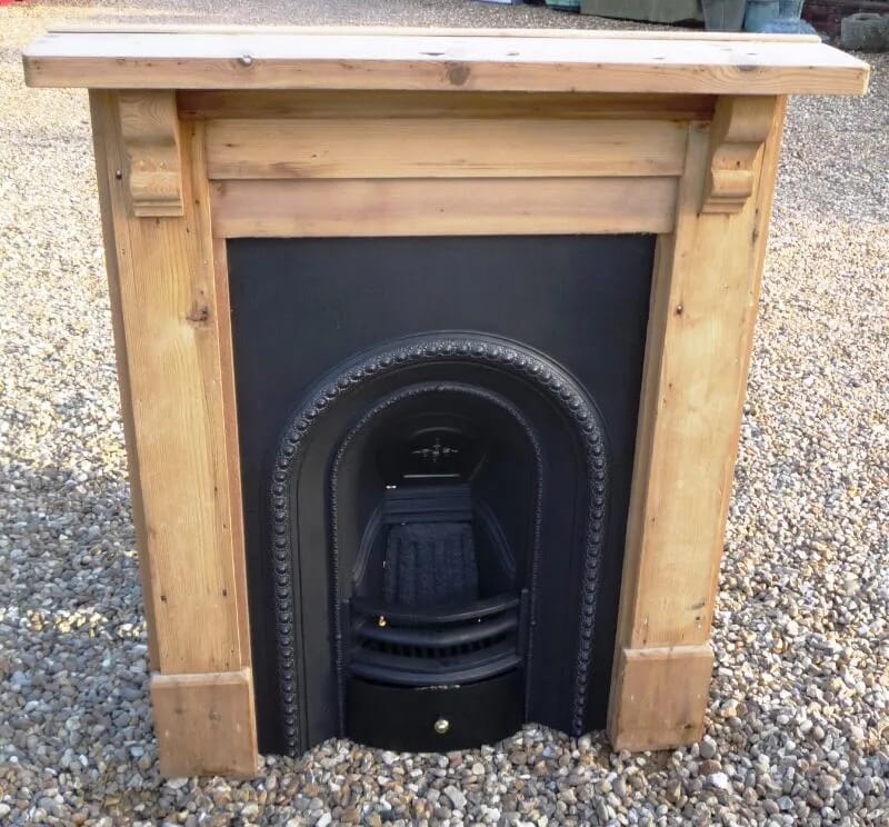 Antique Cast Iron Fire Insert with Original Pine Surround - 4274