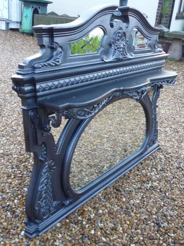 Large Antique Original Cast Iron Fireplace Overmantle Mirror - 4464