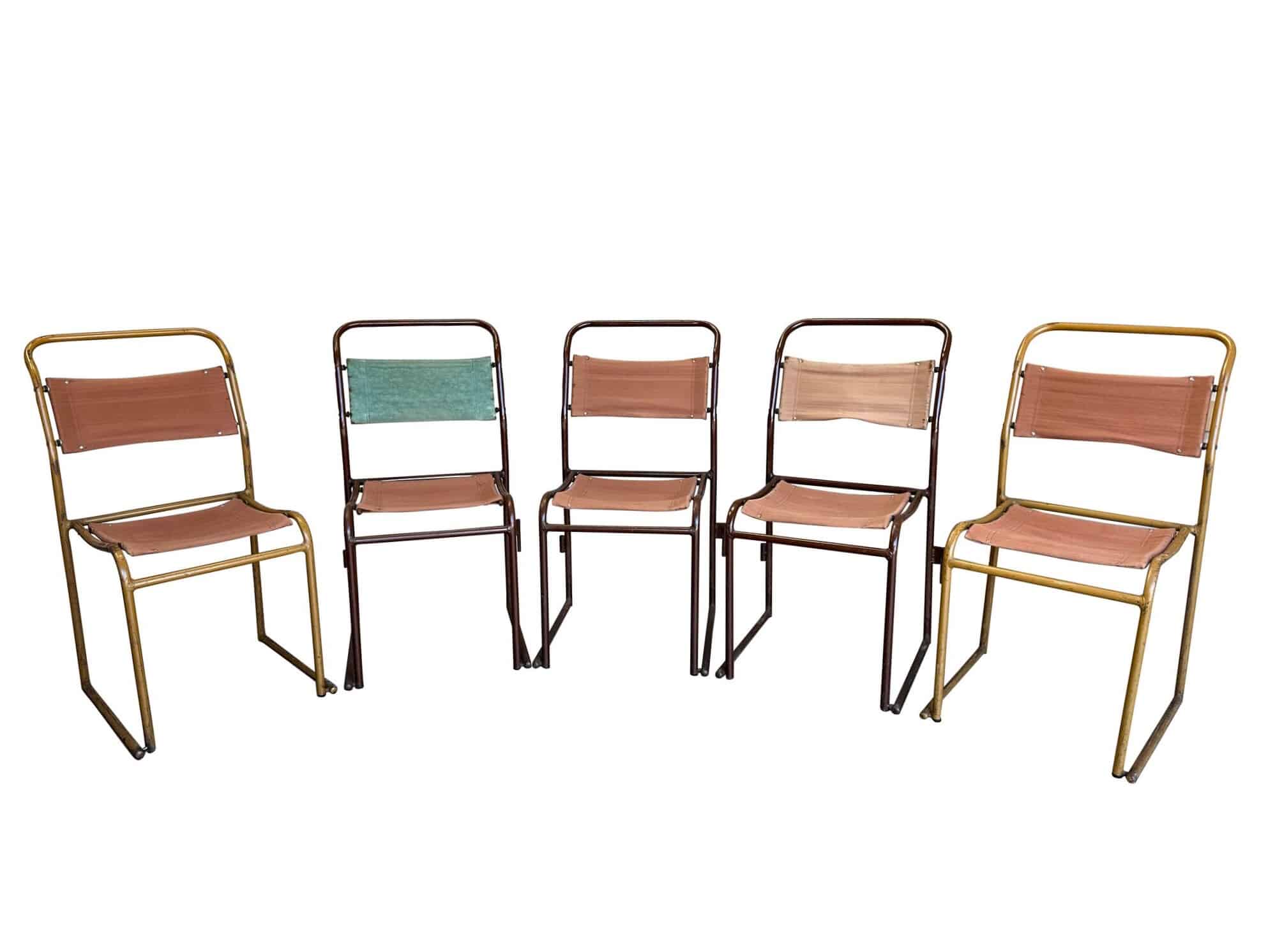 5 Vintage Industrial Steel & Canvas Stacking Chairs