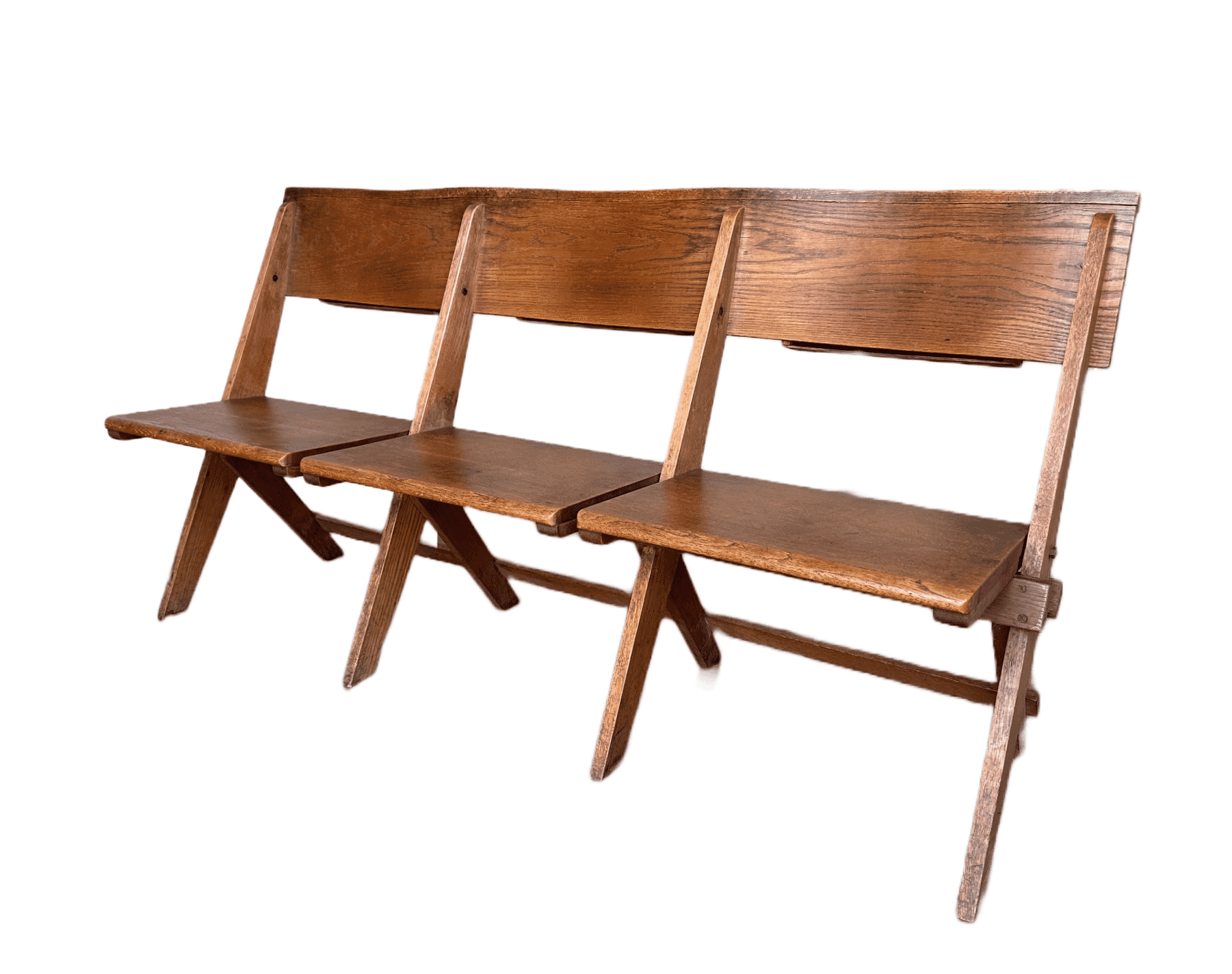 Antique Solid Oak Folding Church Chairs / Bench - 10023J