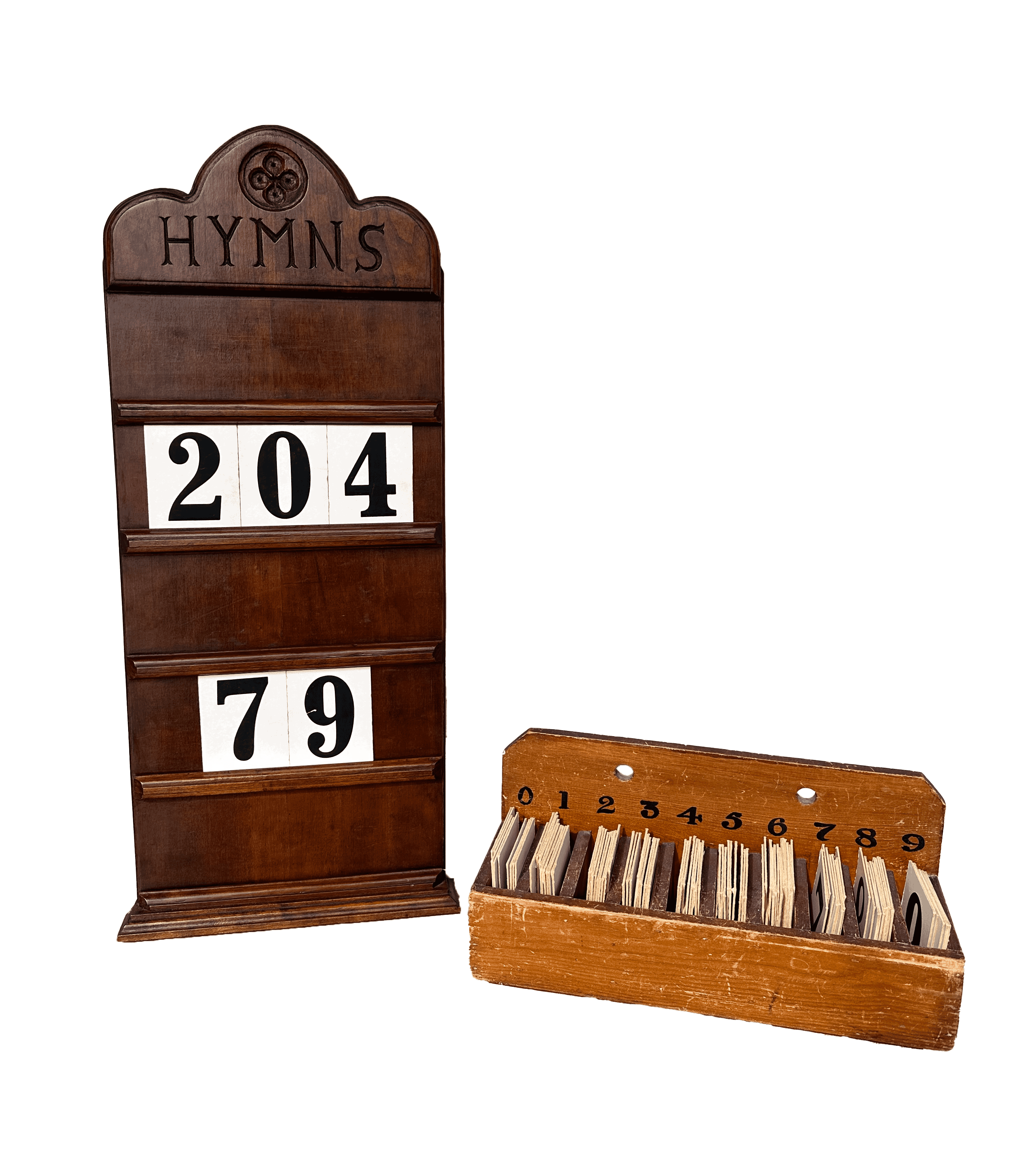Victorian Carved Church Hymn Board & Box Of Numbers
