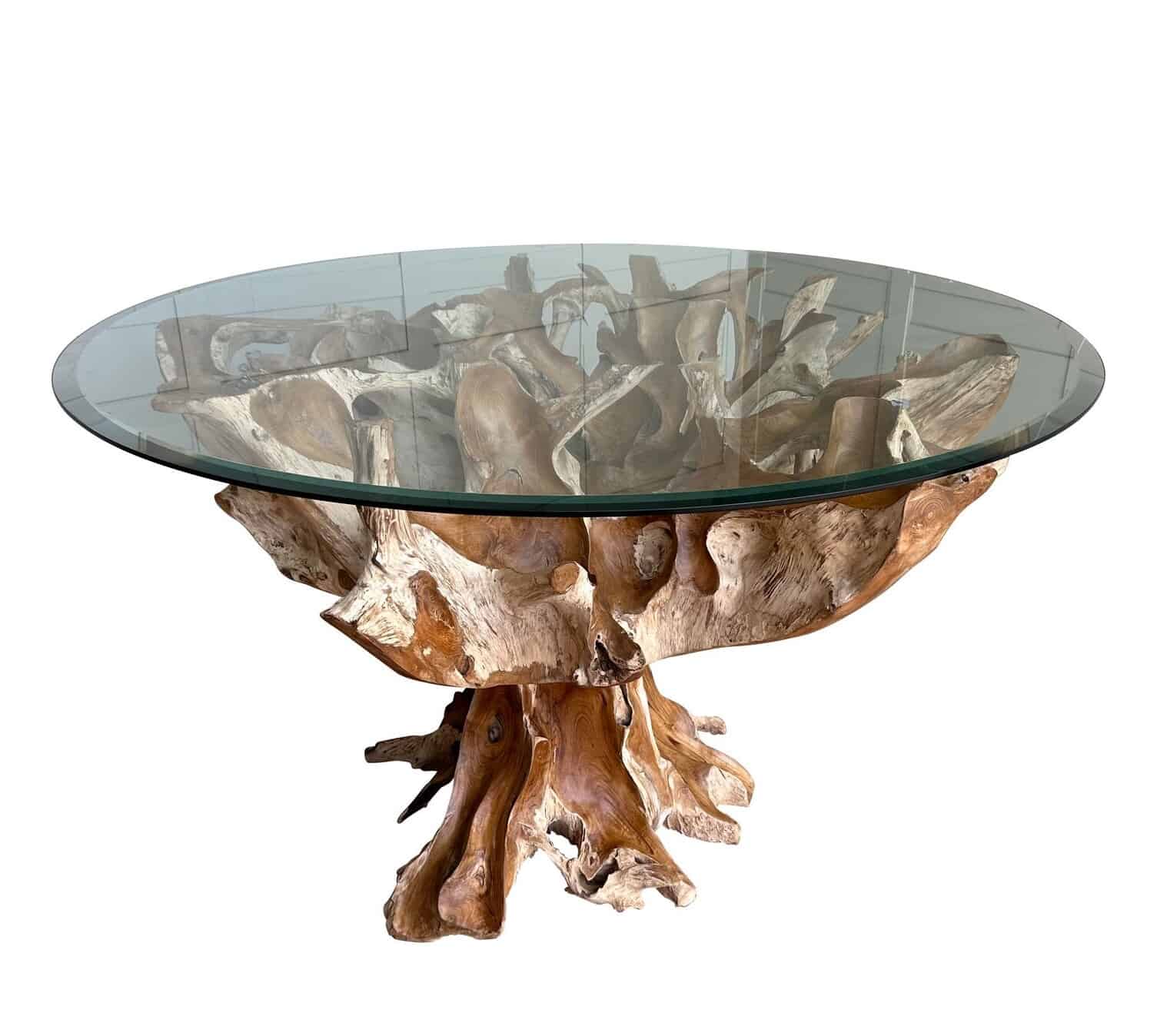Reclaimed Teak Root Dining / Restaurant Tempered Glass Table