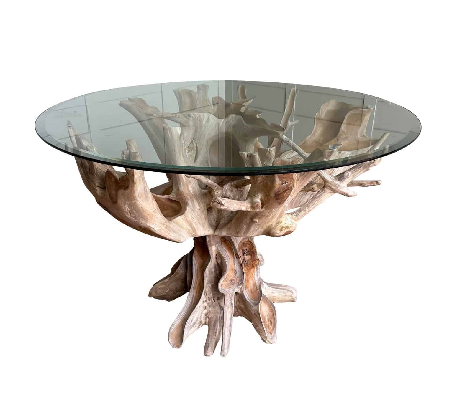 Salvaged Teak Root Round Dining / Restaurant Tempered Glass Table