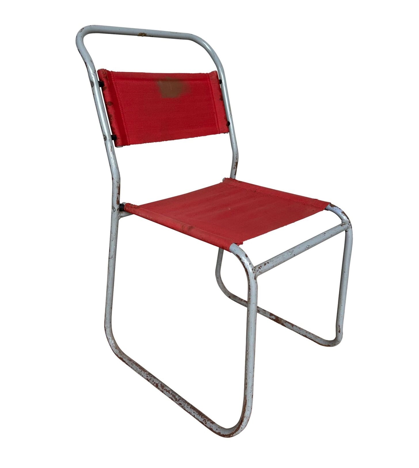 Reclaimed Industrial Steel & Red Canvas Stacking Chairs - 10154A
