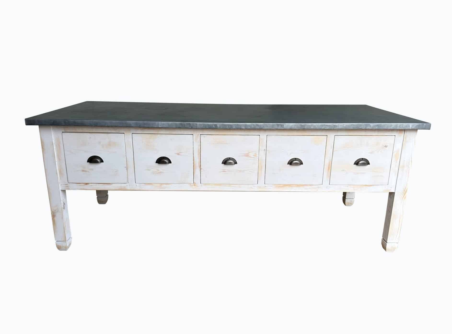 Large Distressed Zinc Kitchen Central Unit With Drawers
