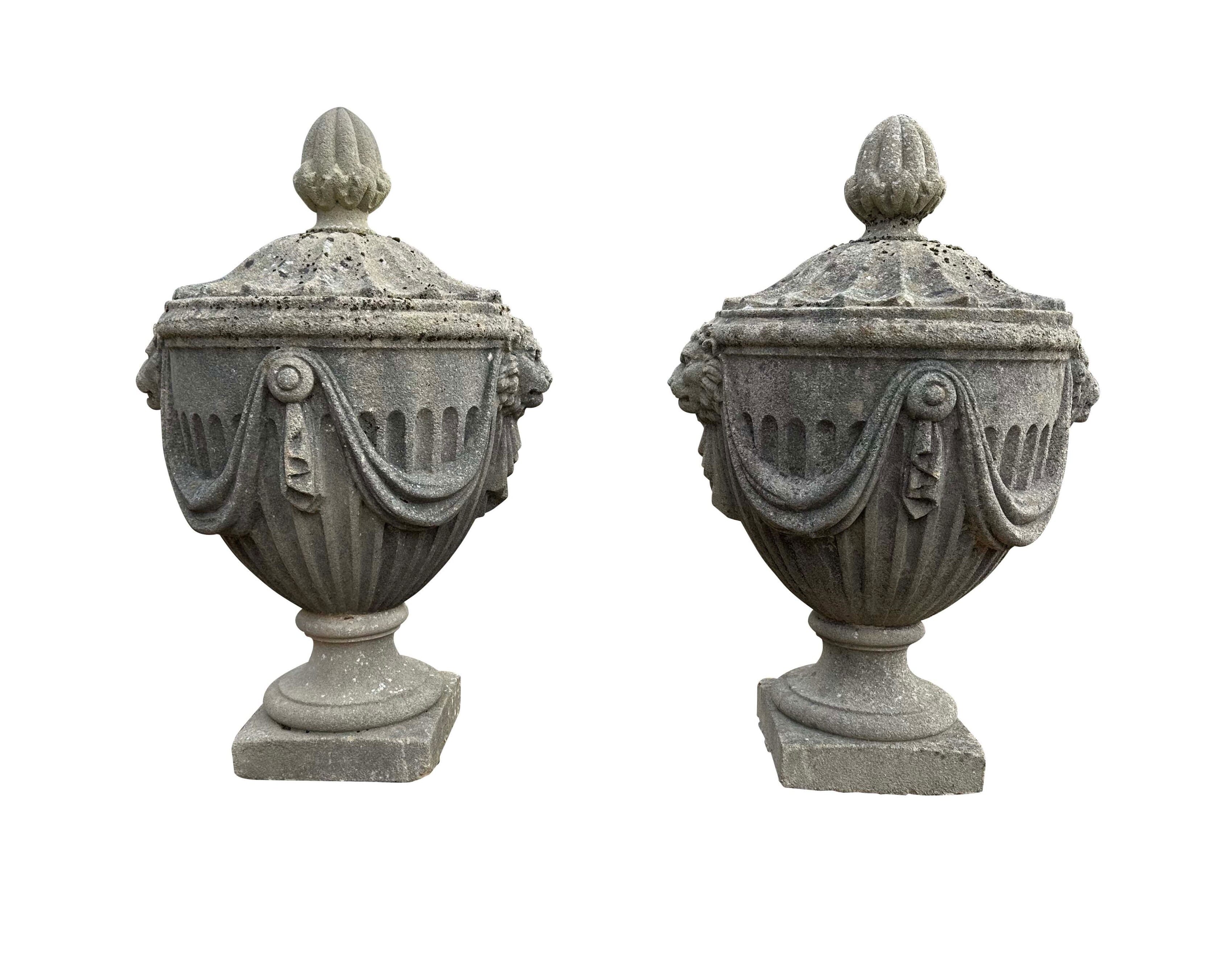 Pair of Reconstituted Stone Lions Head and Drapery Finials - 10185