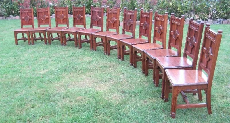 Set of 12 Antique Victorian Gothic Solid Oak Chairs  - 3942