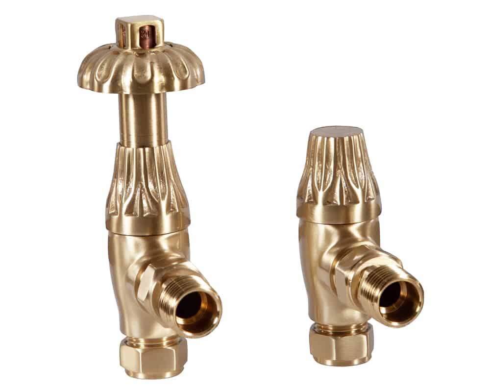 Pair of Carron Brushed Brass Crocus Thermostatic Radiator Valves