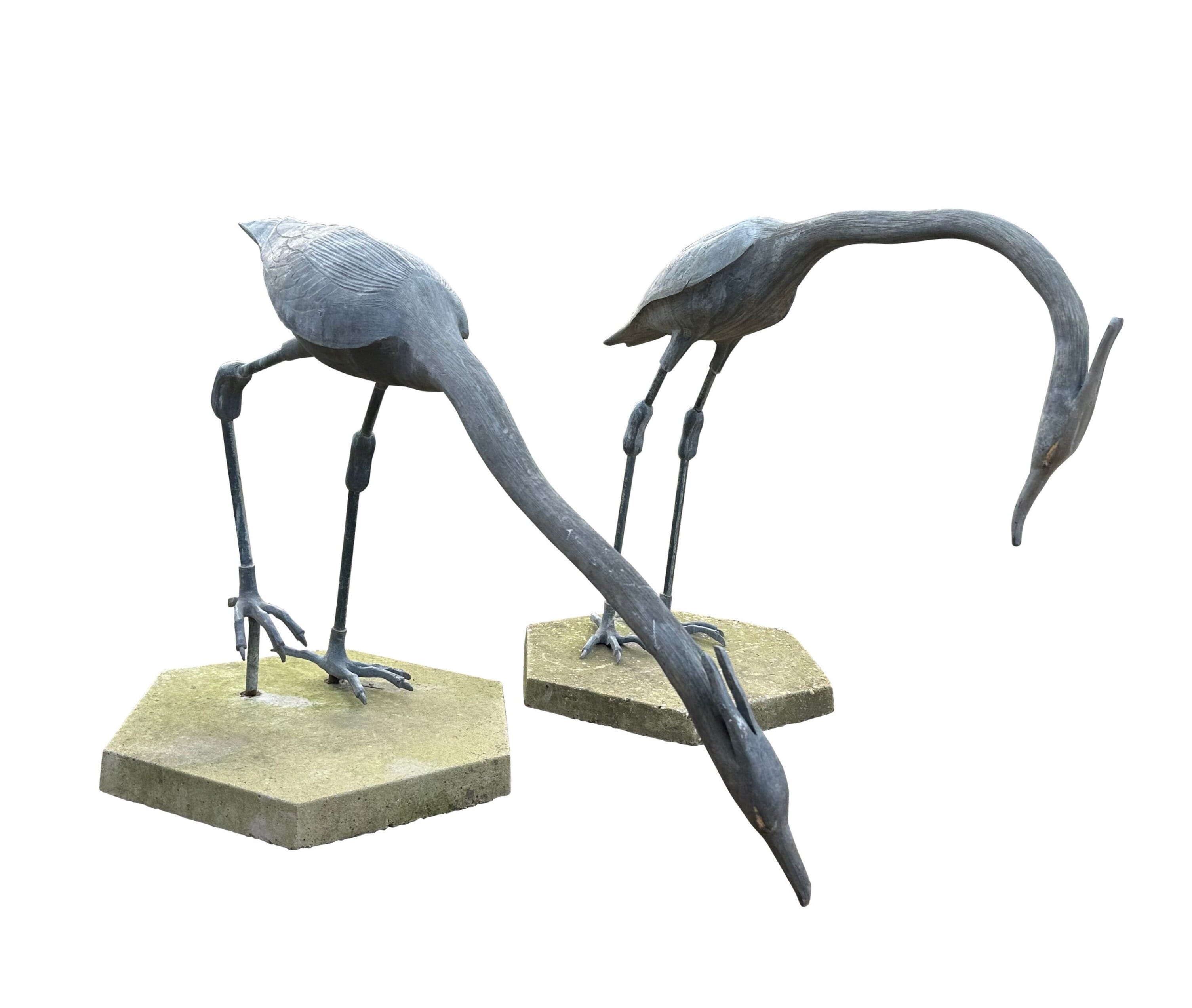 Pair of Antique Lead Heron Garden Statues on Bases - 10152